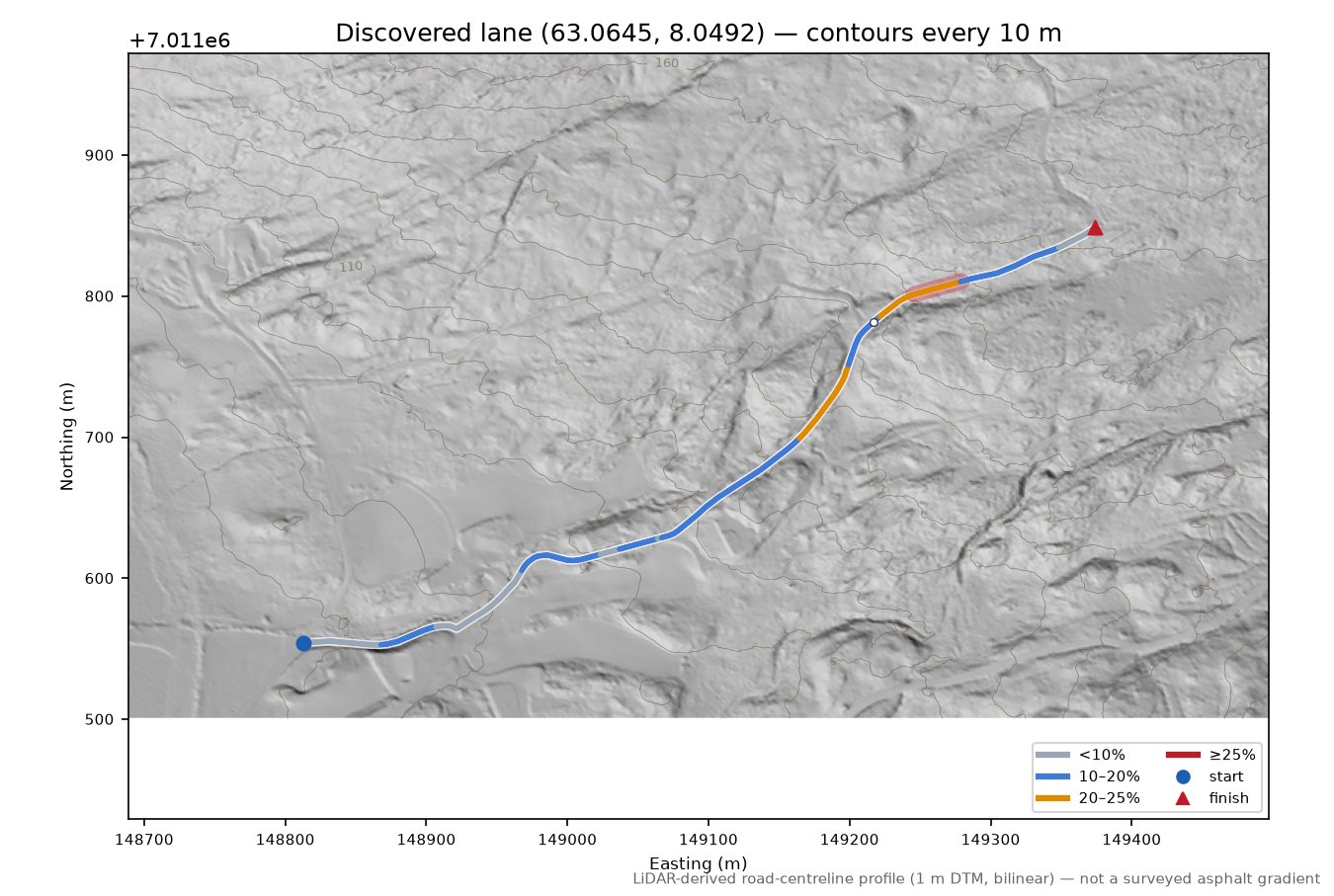 Vasselvegen (Vasselen) LiDAR hillshade map with contours