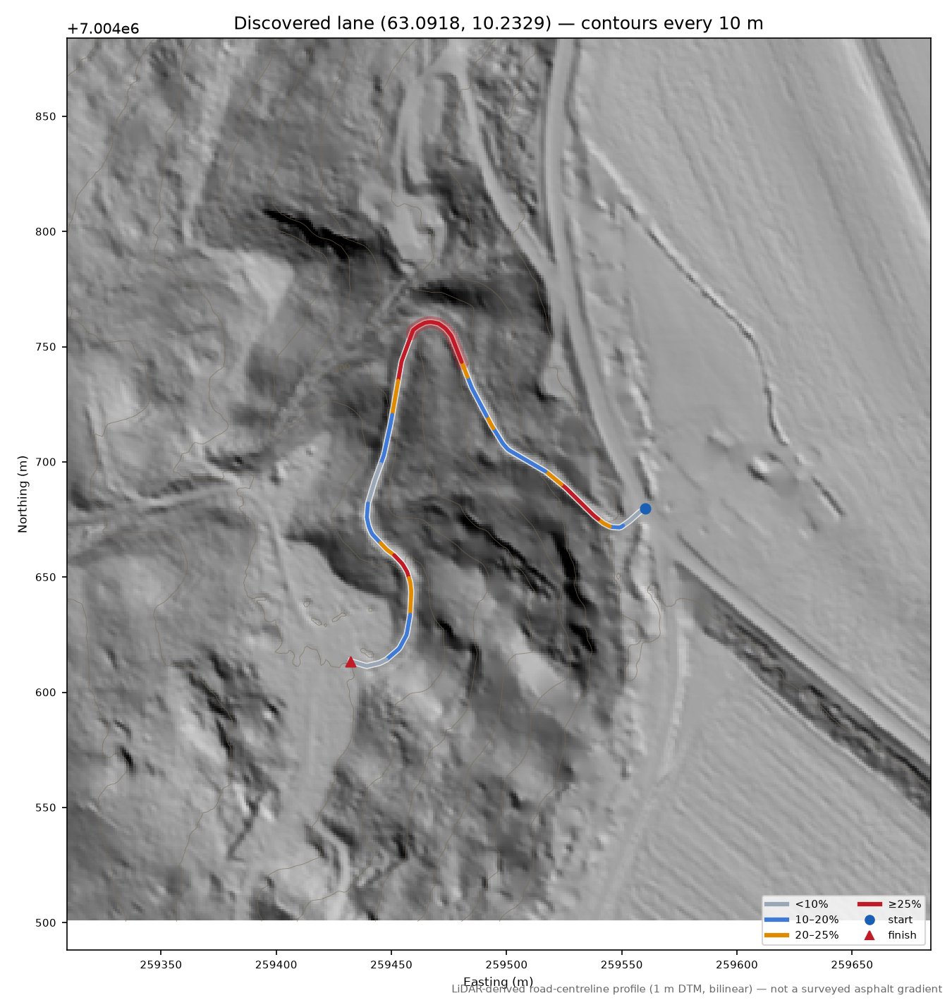 Krogstadvegen (Krokstadgrenda) LiDAR hillshade map with contours
