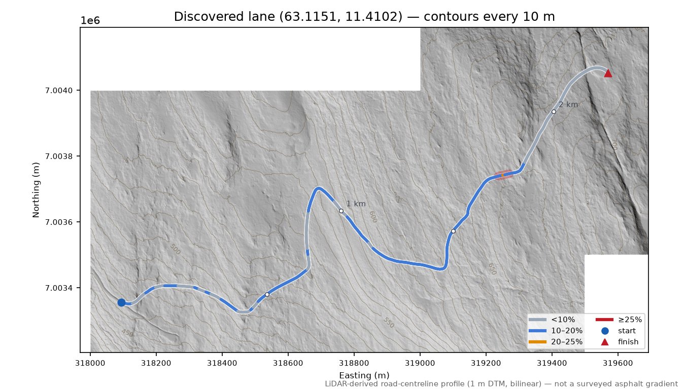 Lane near Tørresrommet LiDAR hillshade map with contours