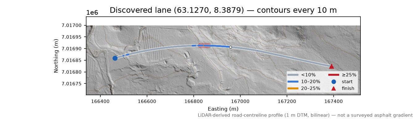 Klettelvbrua (Henna) LiDAR hillshade map with contours