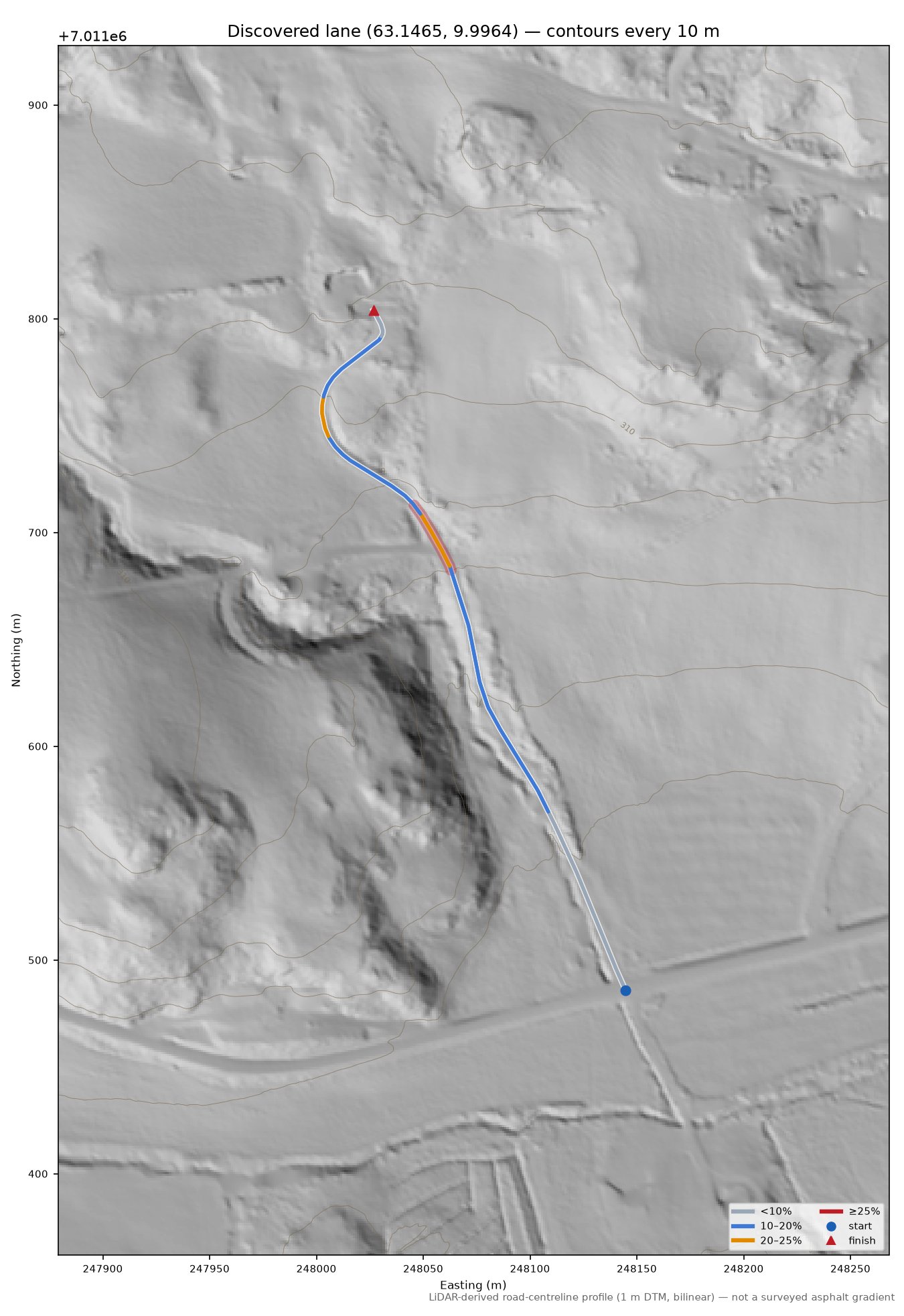 Jåravegen (Estenstad) LiDAR hillshade map with contours