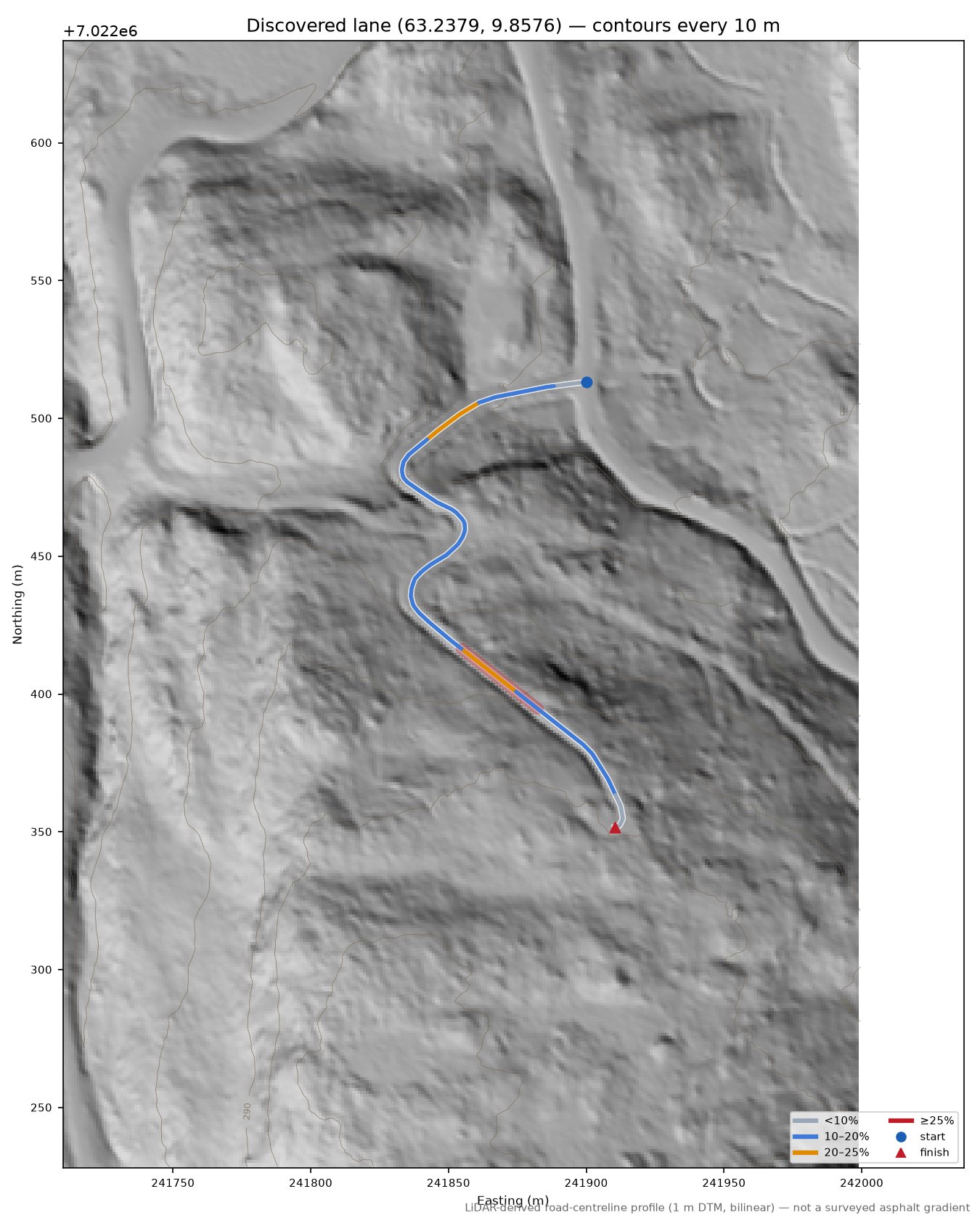 Straumtjønnvegen (Skåggåsætra) LiDAR hillshade map with contours