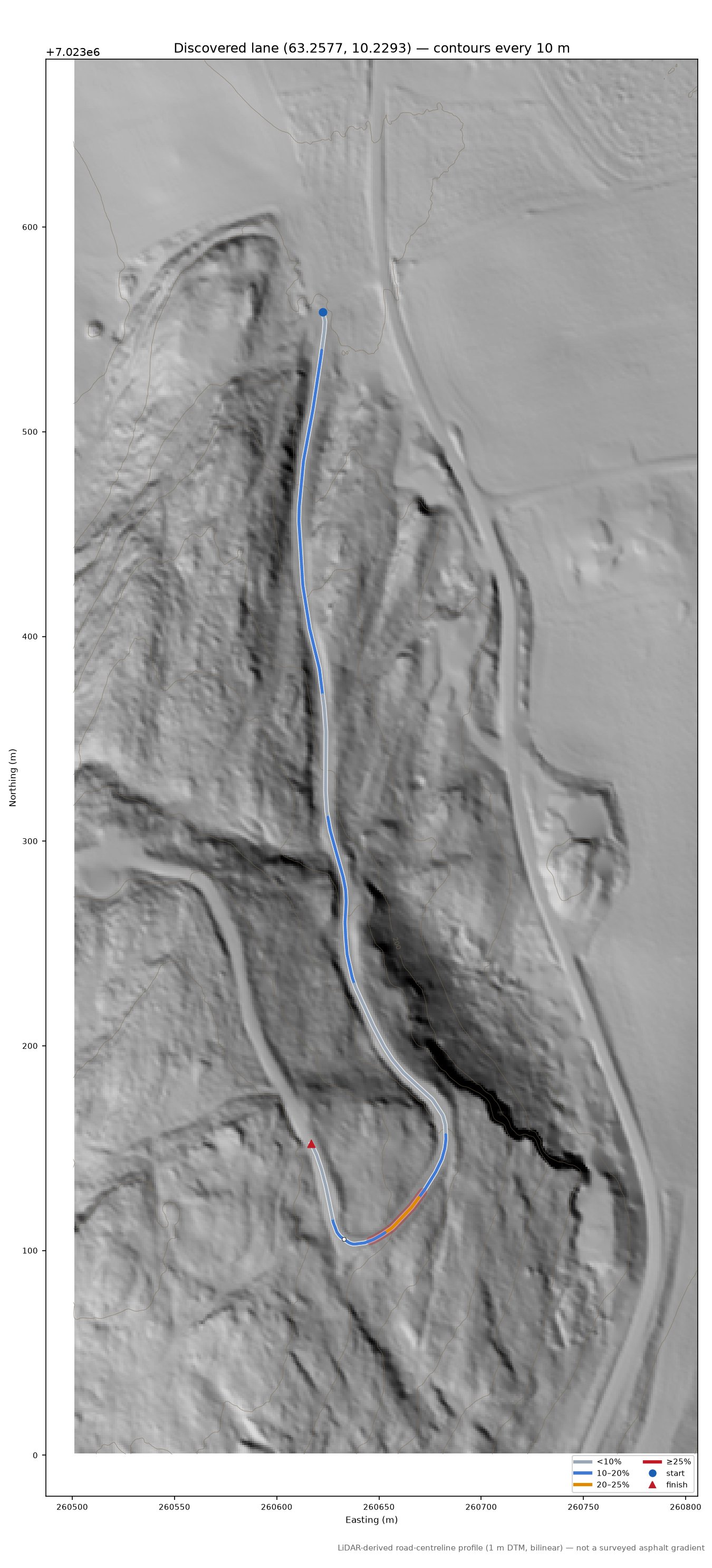 Lane near Holem LiDAR hillshade map with contours
