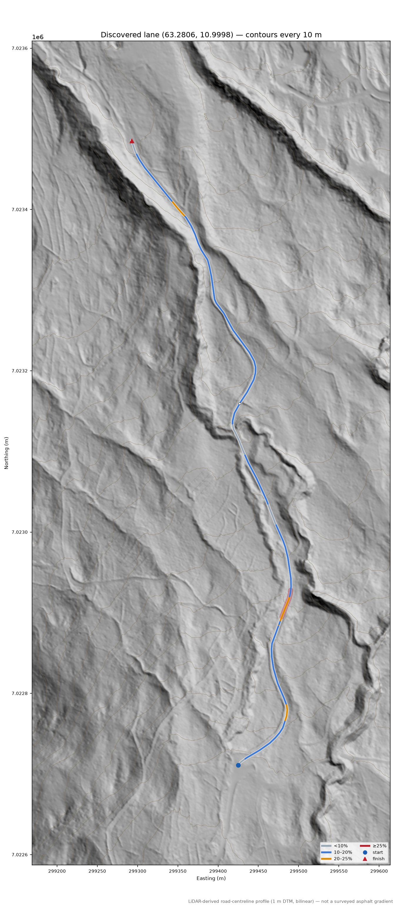 Lane near Fossan LiDAR hillshade map with contours