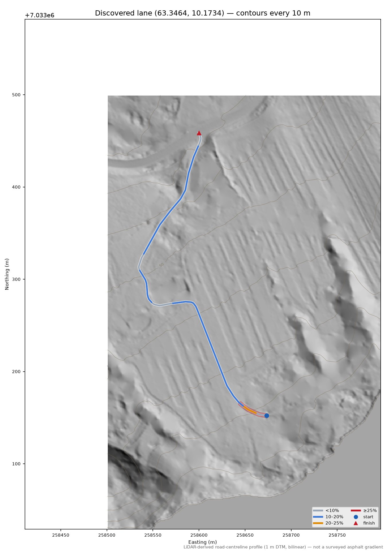 Leinstrandvegen (Brå) LiDAR hillshade map with contours