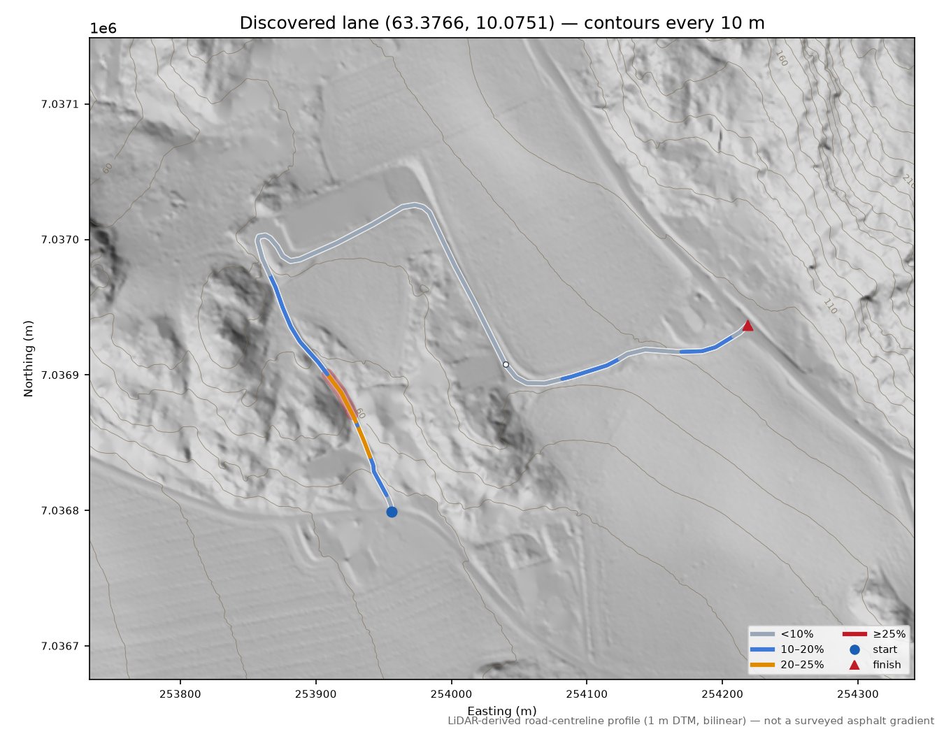 Nerhovsvegen (Klipa) LiDAR hillshade map with contours