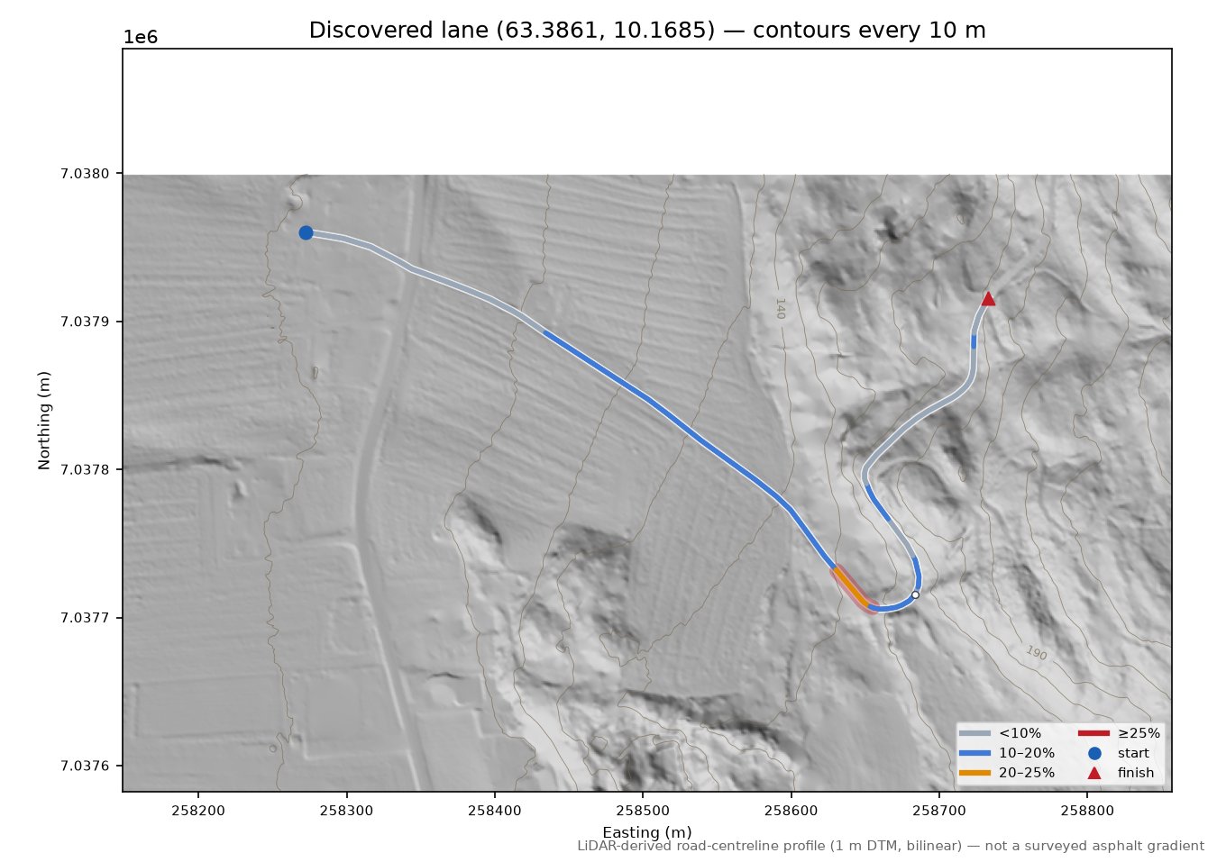 Spongdalsvegen (Haugplassen) LiDAR hillshade map with contours