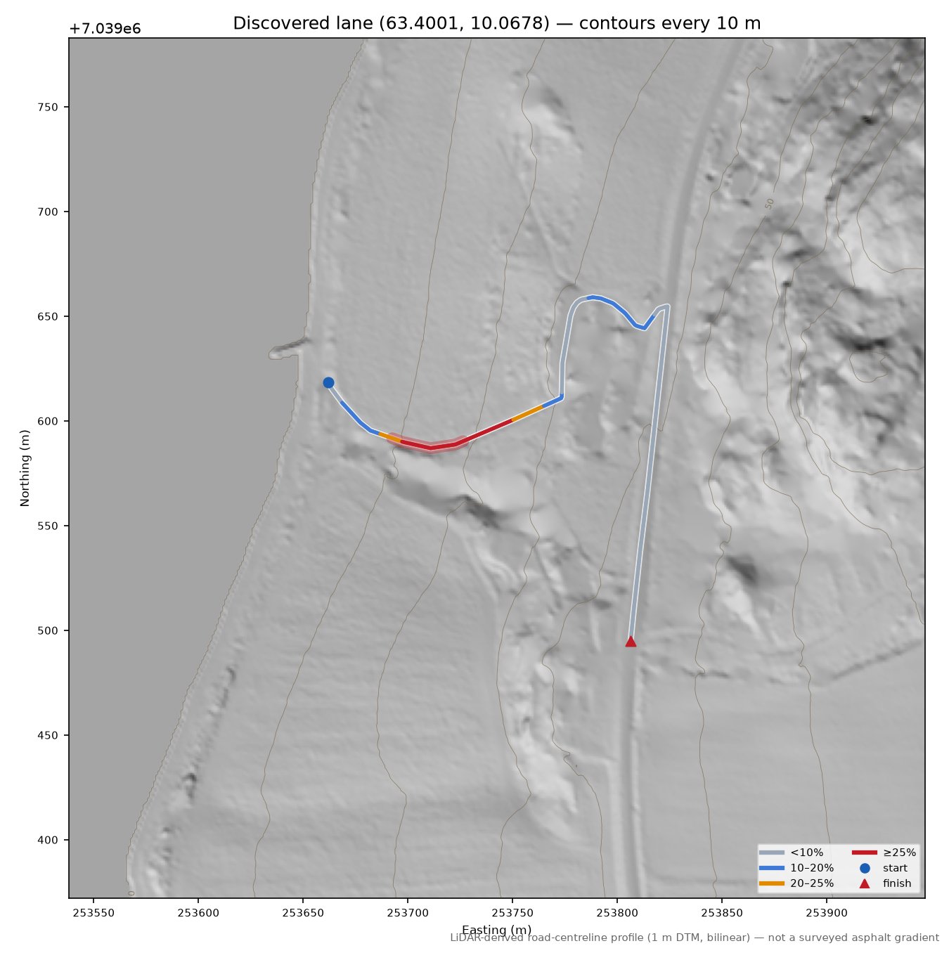 Hangerslettvegen (Gammelgarden) LiDAR hillshade map with contours