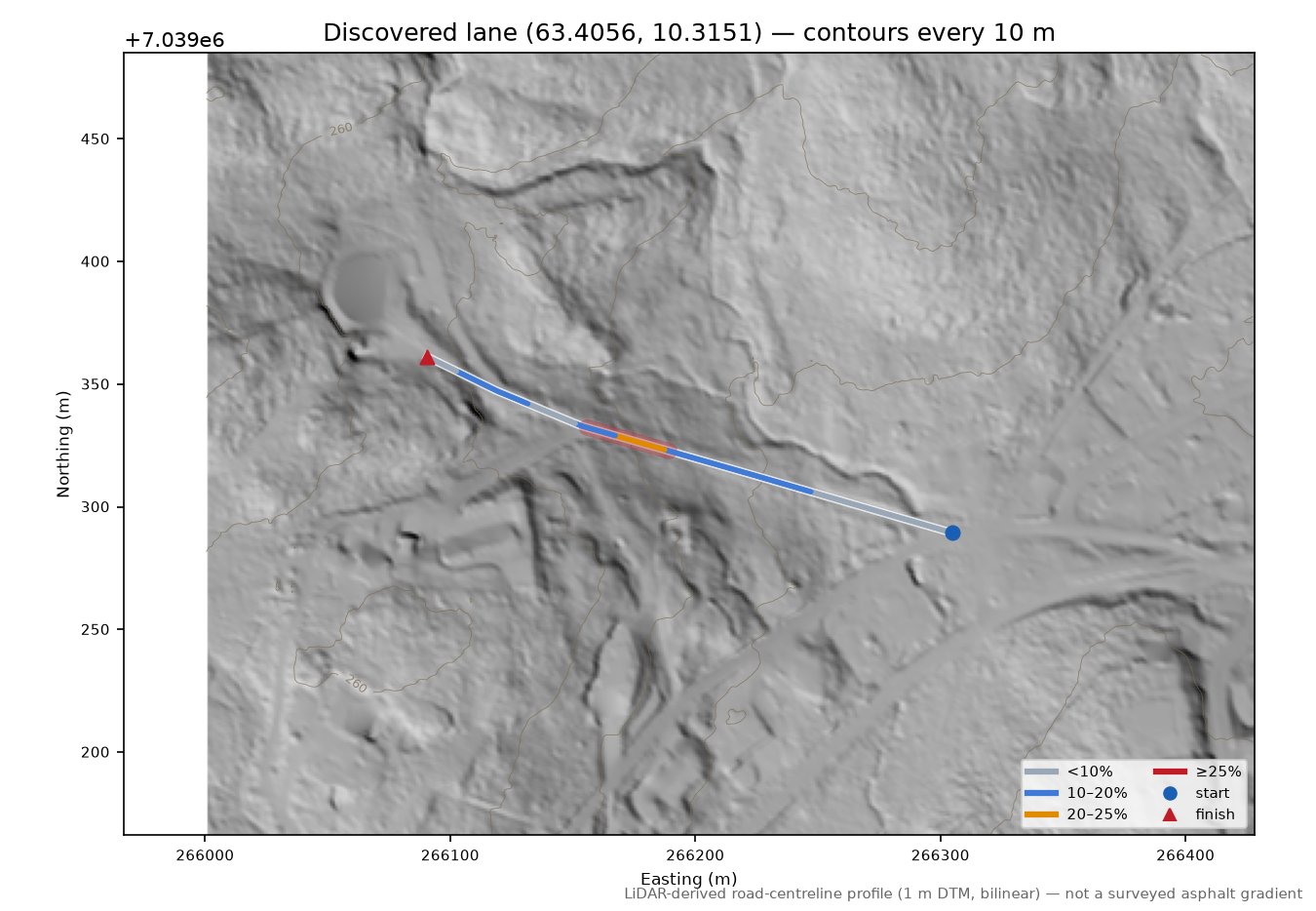Lianvegen (Lian) LiDAR hillshade map with contours