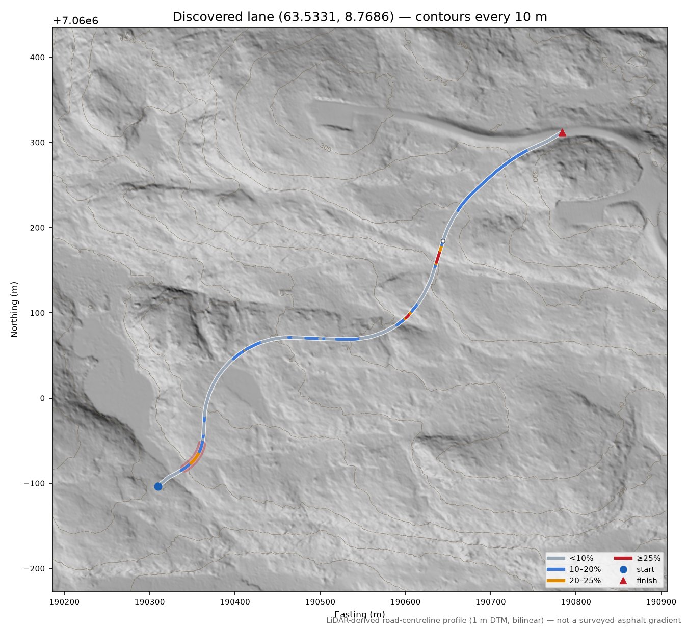 Eldsfjellveien (Slåttadalshalsen) LiDAR hillshade map with contours