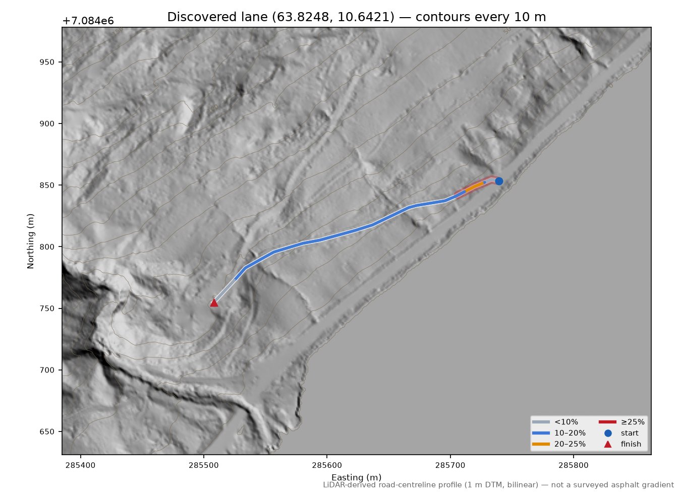 Verrastrandvegen (Raudmoldan) LiDAR hillshade map with contours
