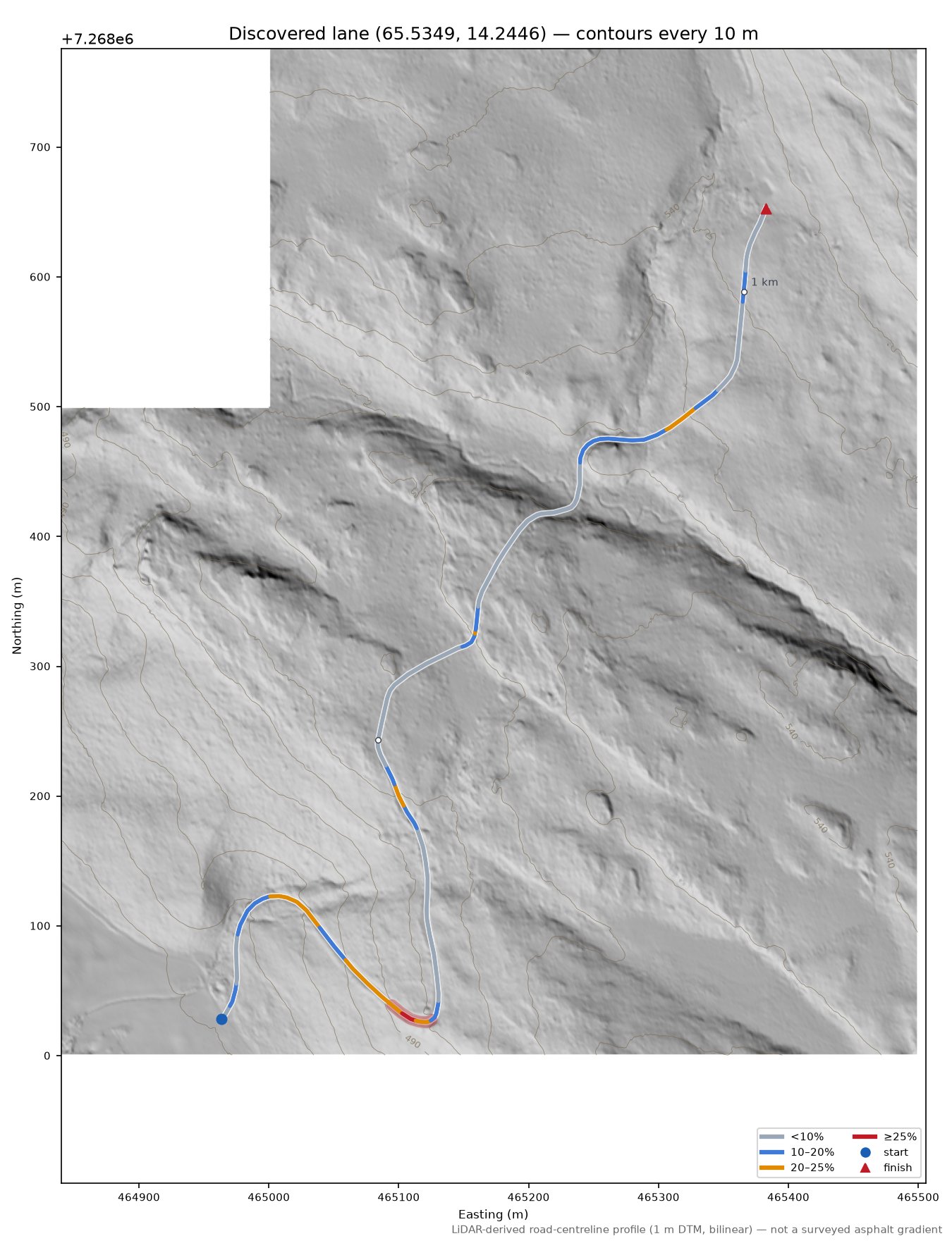 Åkreveien (Tjåelmie - Tjolmen) LiDAR hillshade map with contours