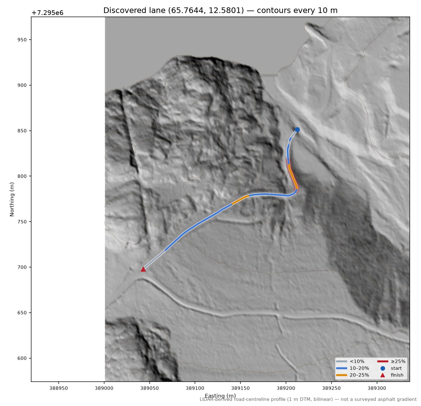 Brennåveien (Stokka) LiDAR hillshade map with contours