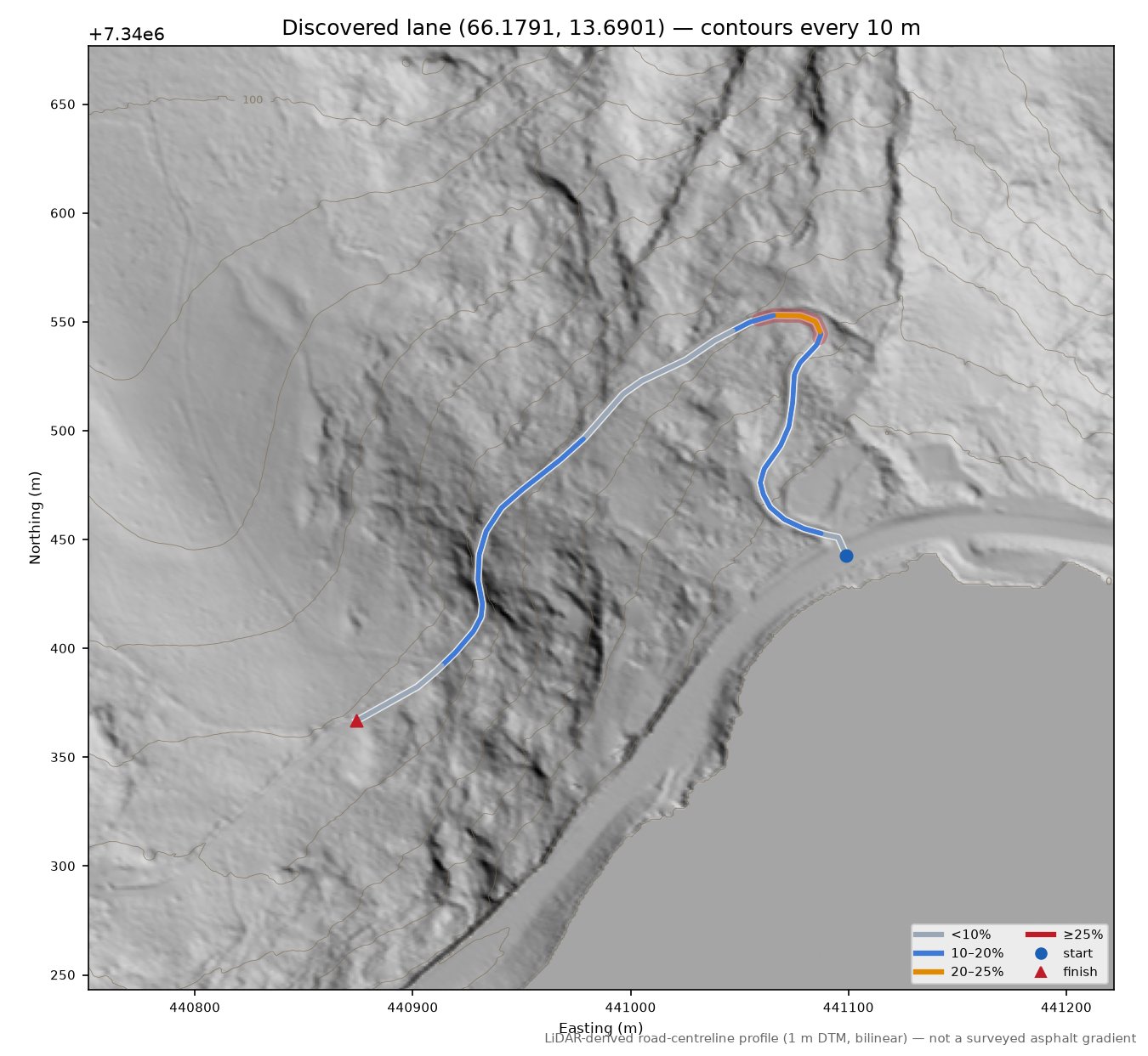 Hemnesveien (Sund) LiDAR hillshade map with contours