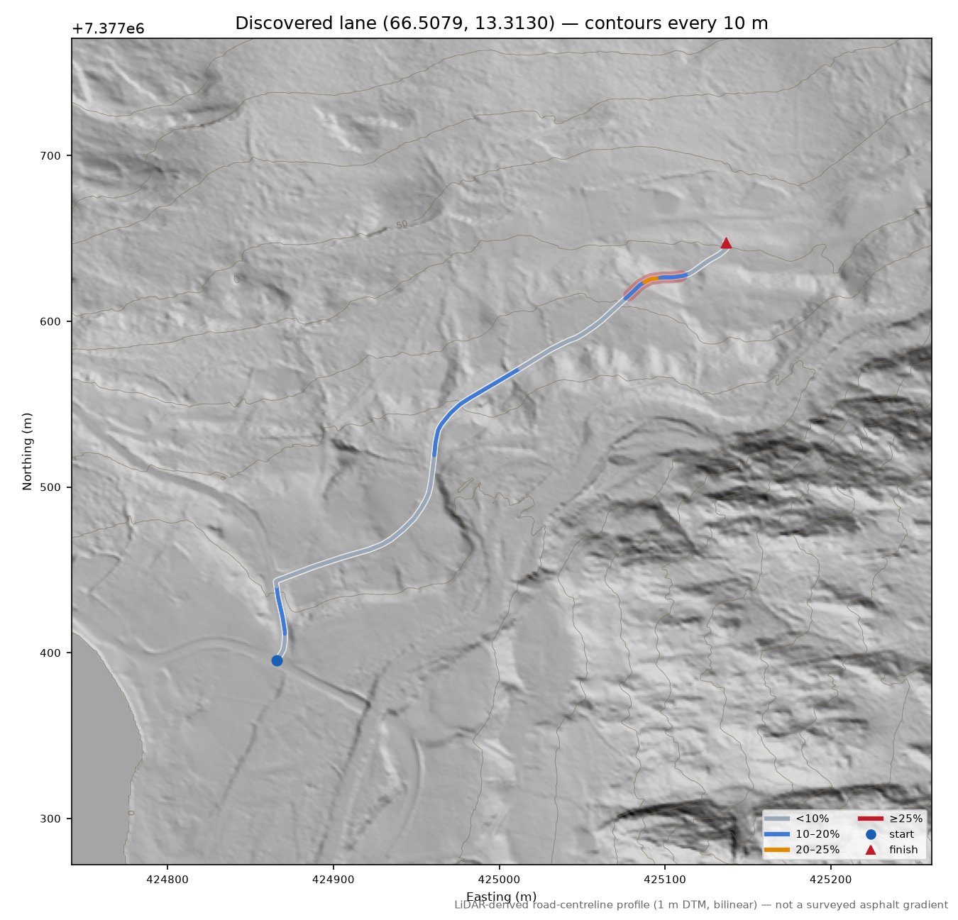 Sørfjordveien (Skjurberget) LiDAR hillshade map with contours