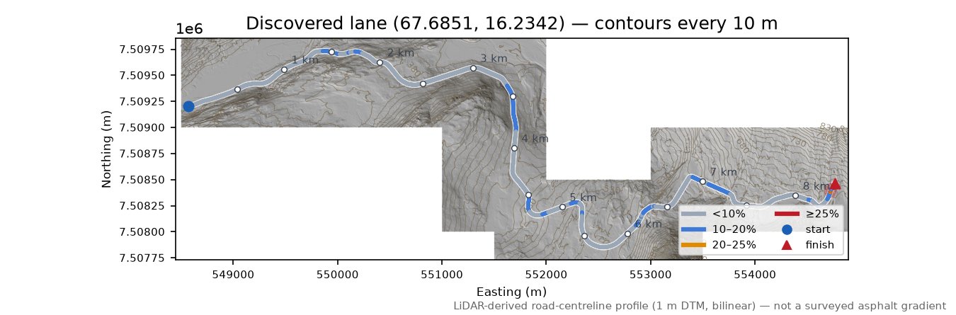 Lane near Reinoksfjellet LiDAR hillshade map with contours