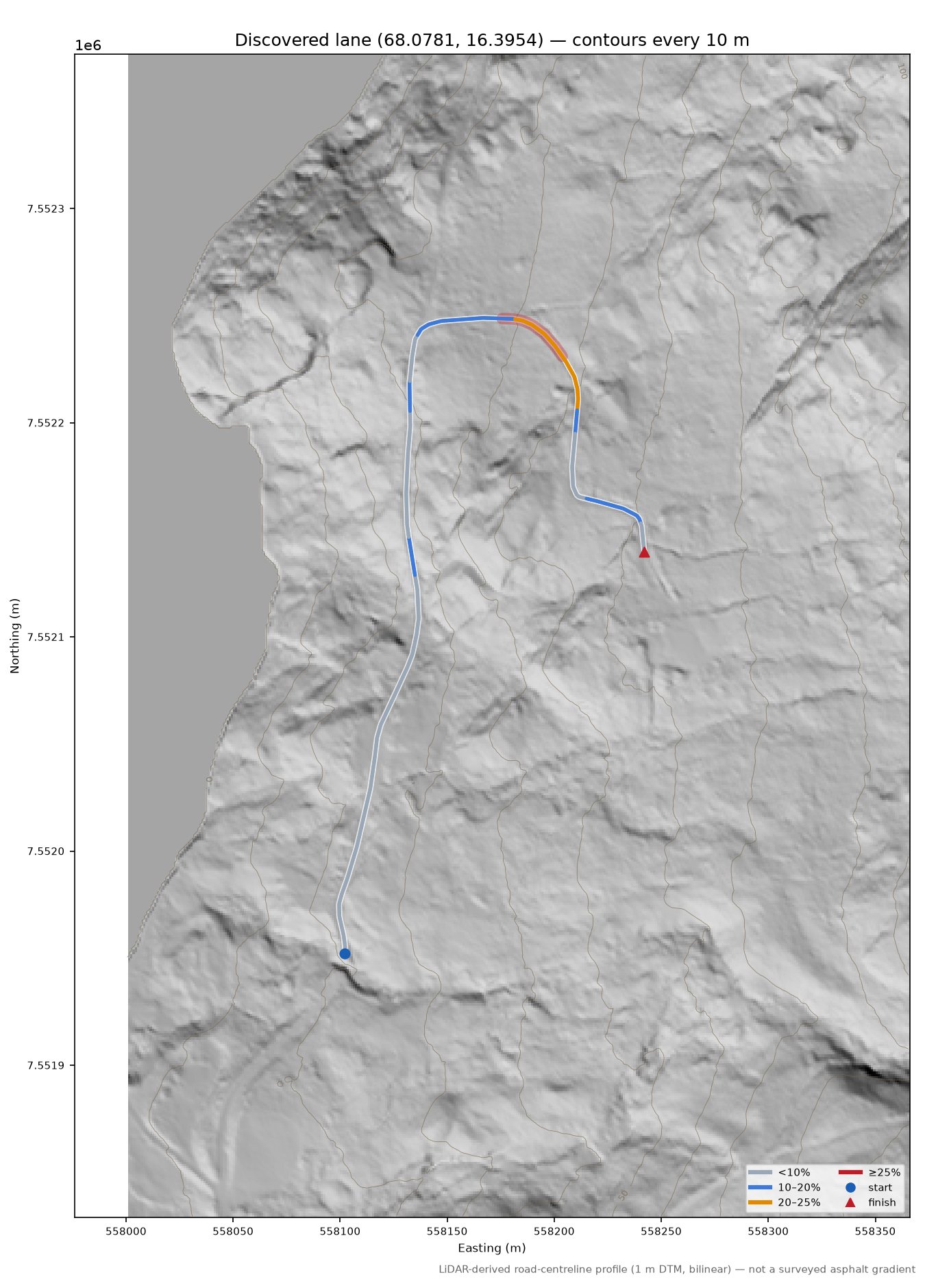 Lane near Stenseng LiDAR hillshade map with contours