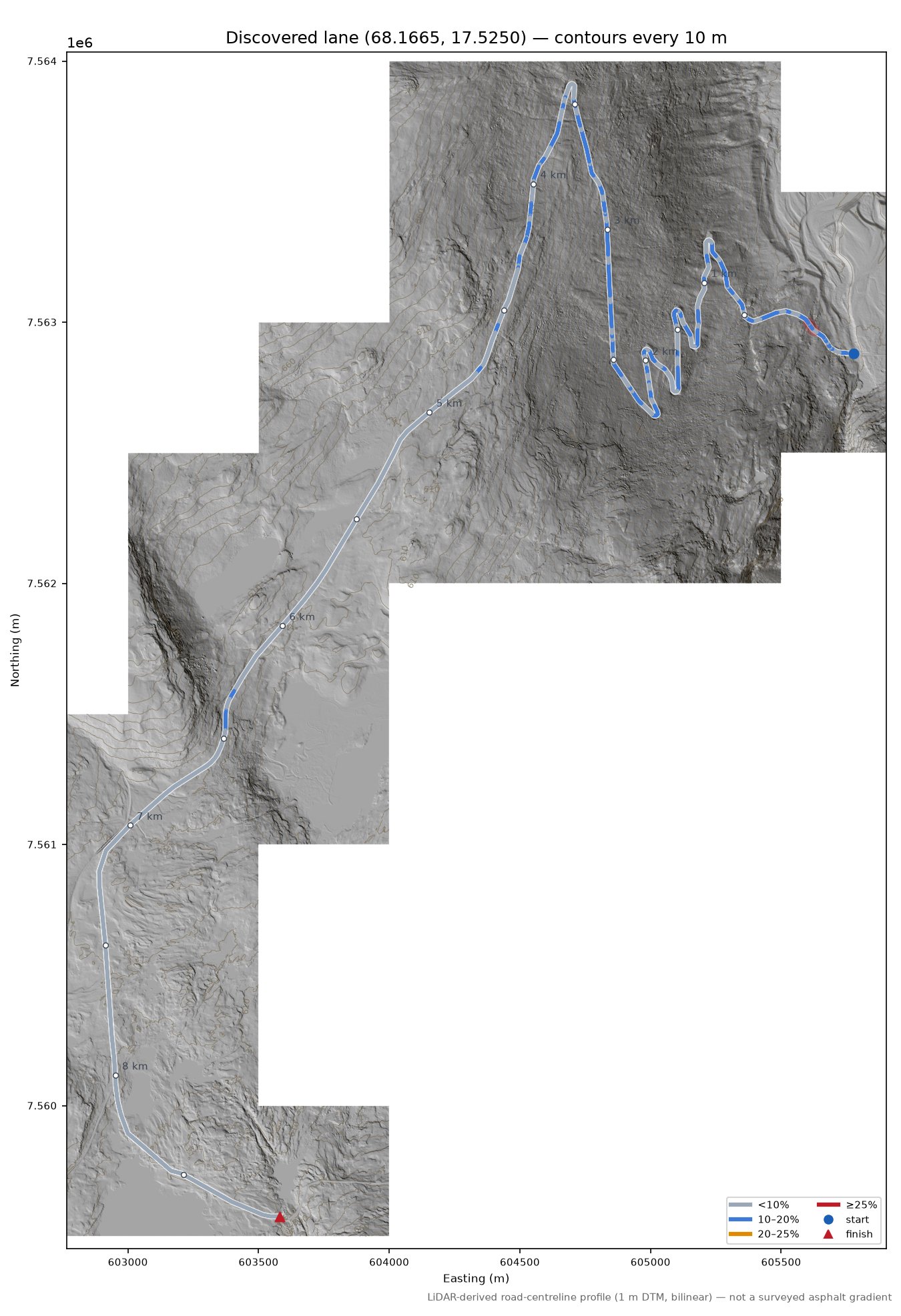 Lane near Fjellbu LiDAR hillshade map with contours