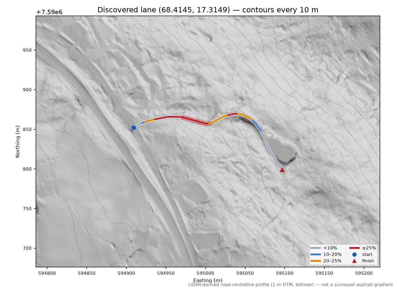 Lane near Nordre Håkvik LiDAR hillshade map with contours