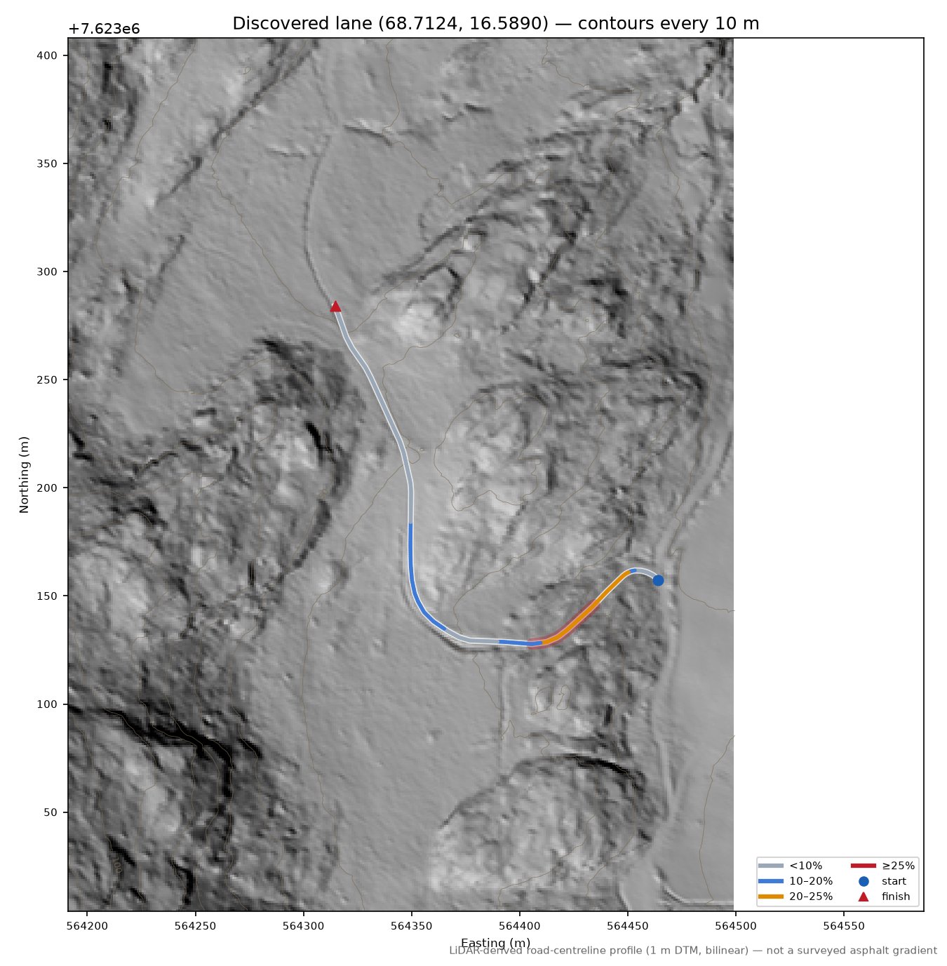 Lane near Nordvika LiDAR hillshade map with contours