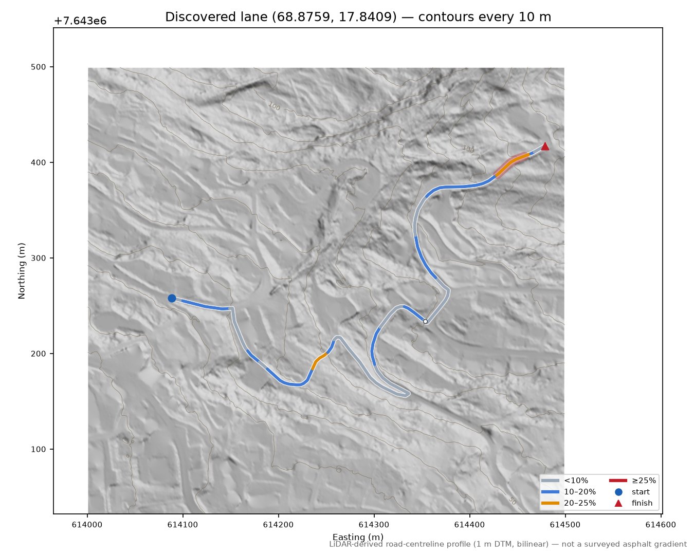 Holtveien (Sjøvegan) LiDAR hillshade map with contours