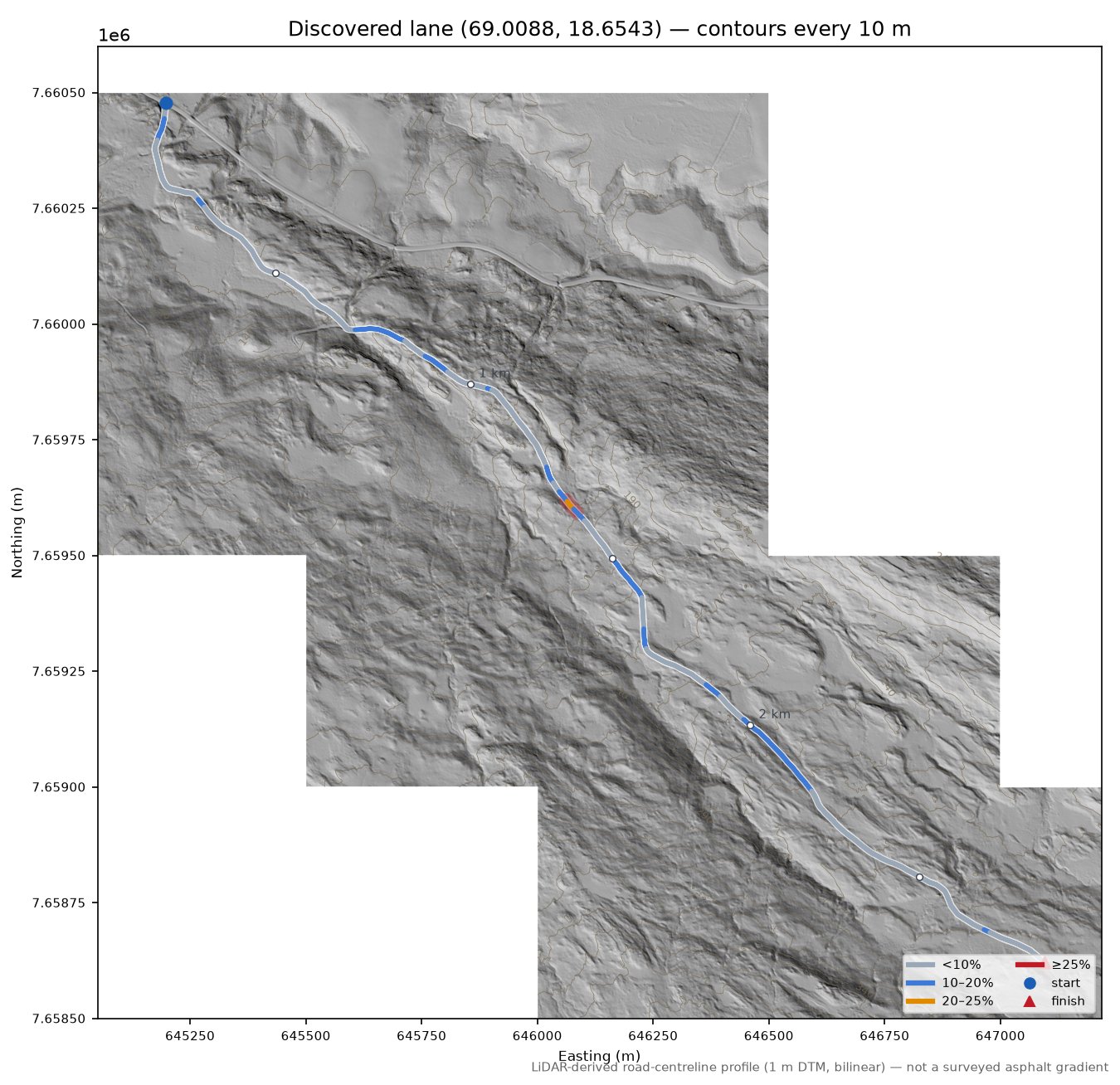 Istindveien (Grøtte) LiDAR hillshade map with contours