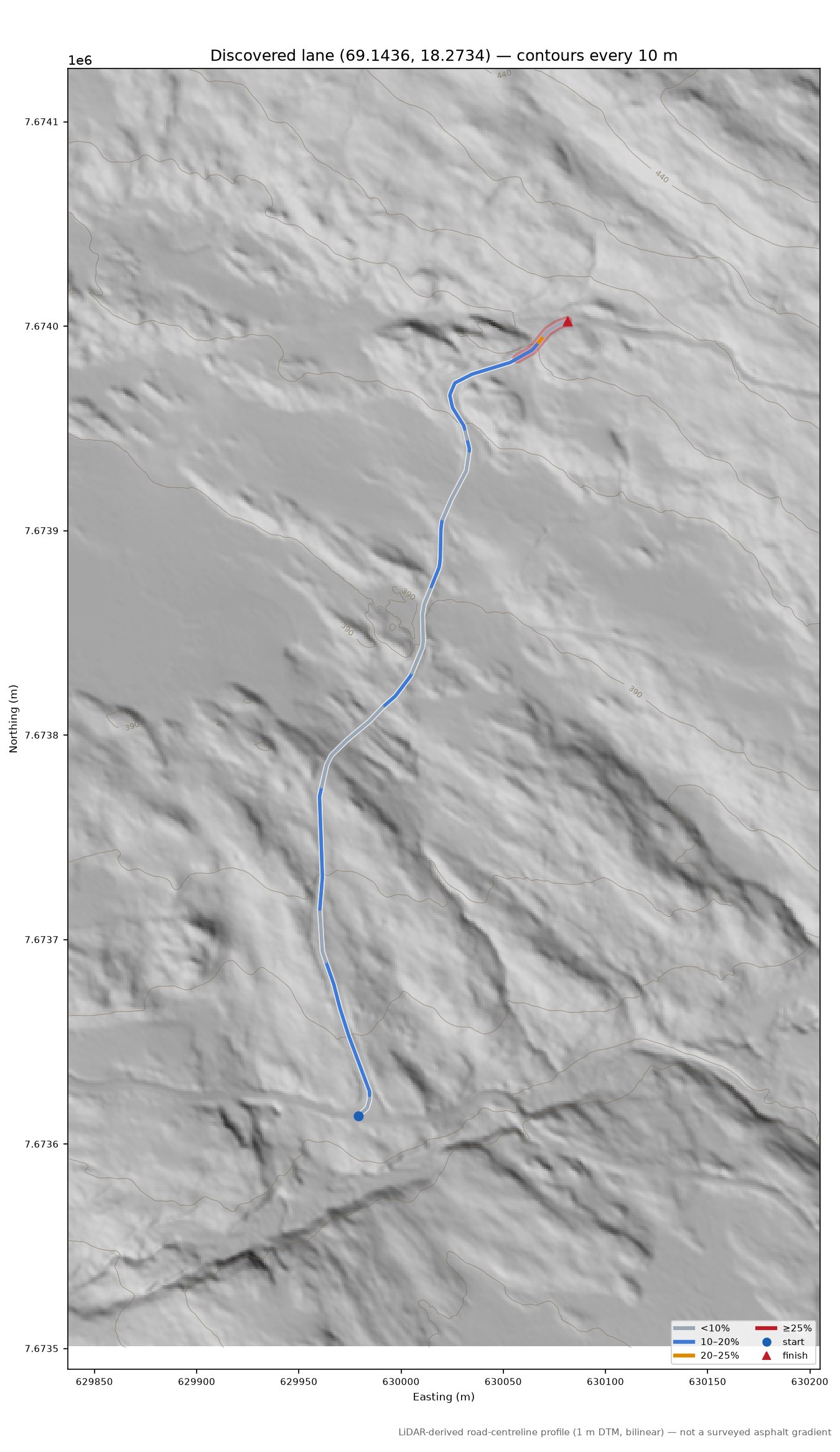 Lane near Finnset LiDAR hillshade map with contours