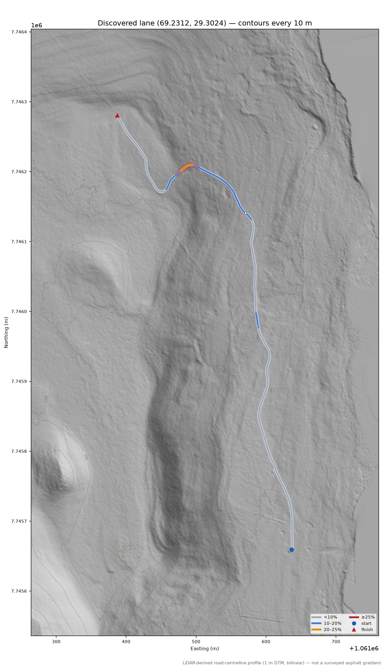 Lane near Nesheim LiDAR hillshade map with contours