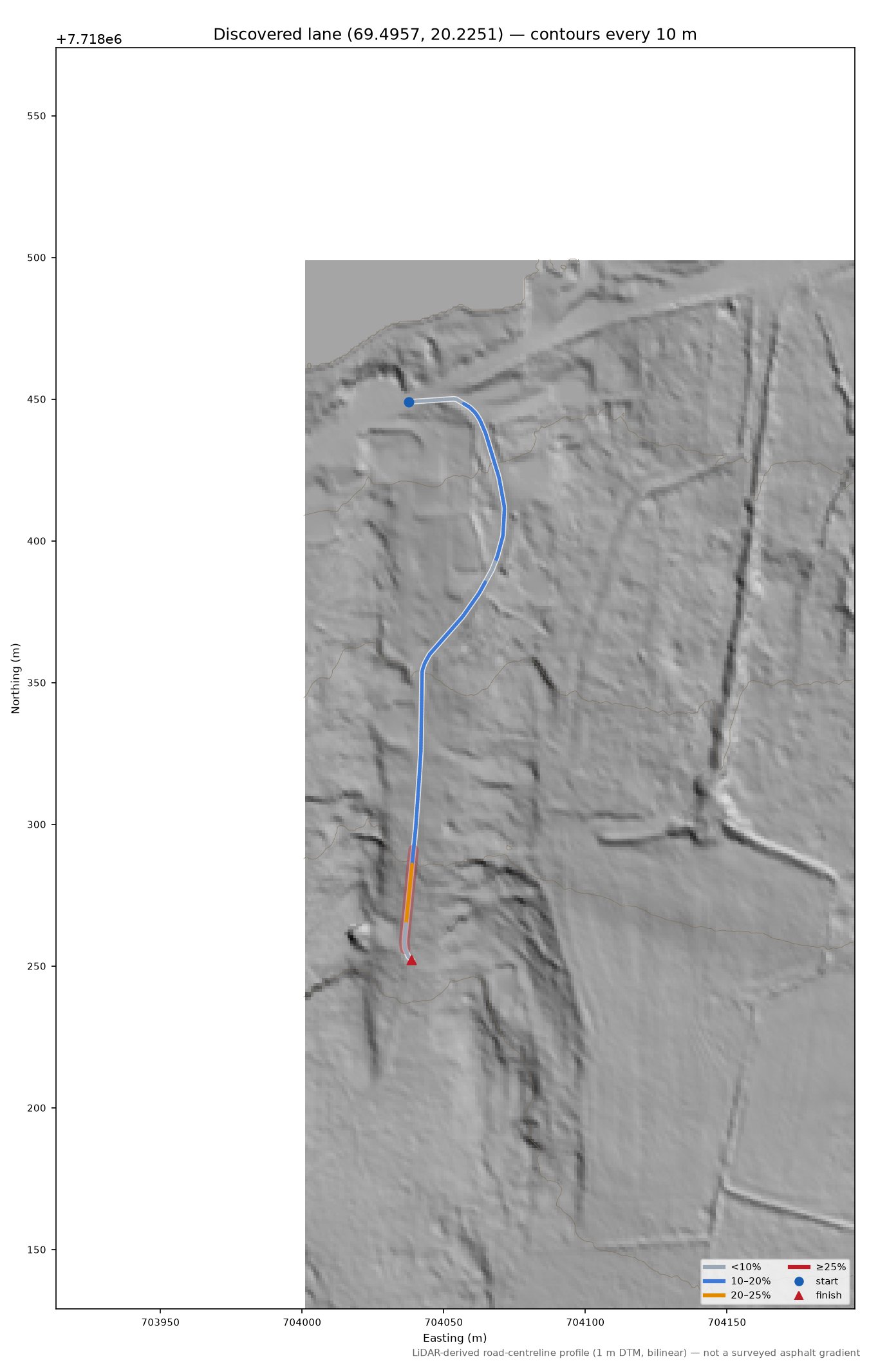Ørnesveien (Ørnes - Sieiddinjárga) LiDAR hillshade map with contours