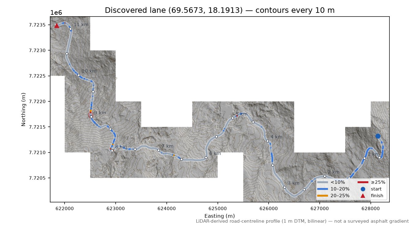 Lane near Vollan LiDAR hillshade map with contours