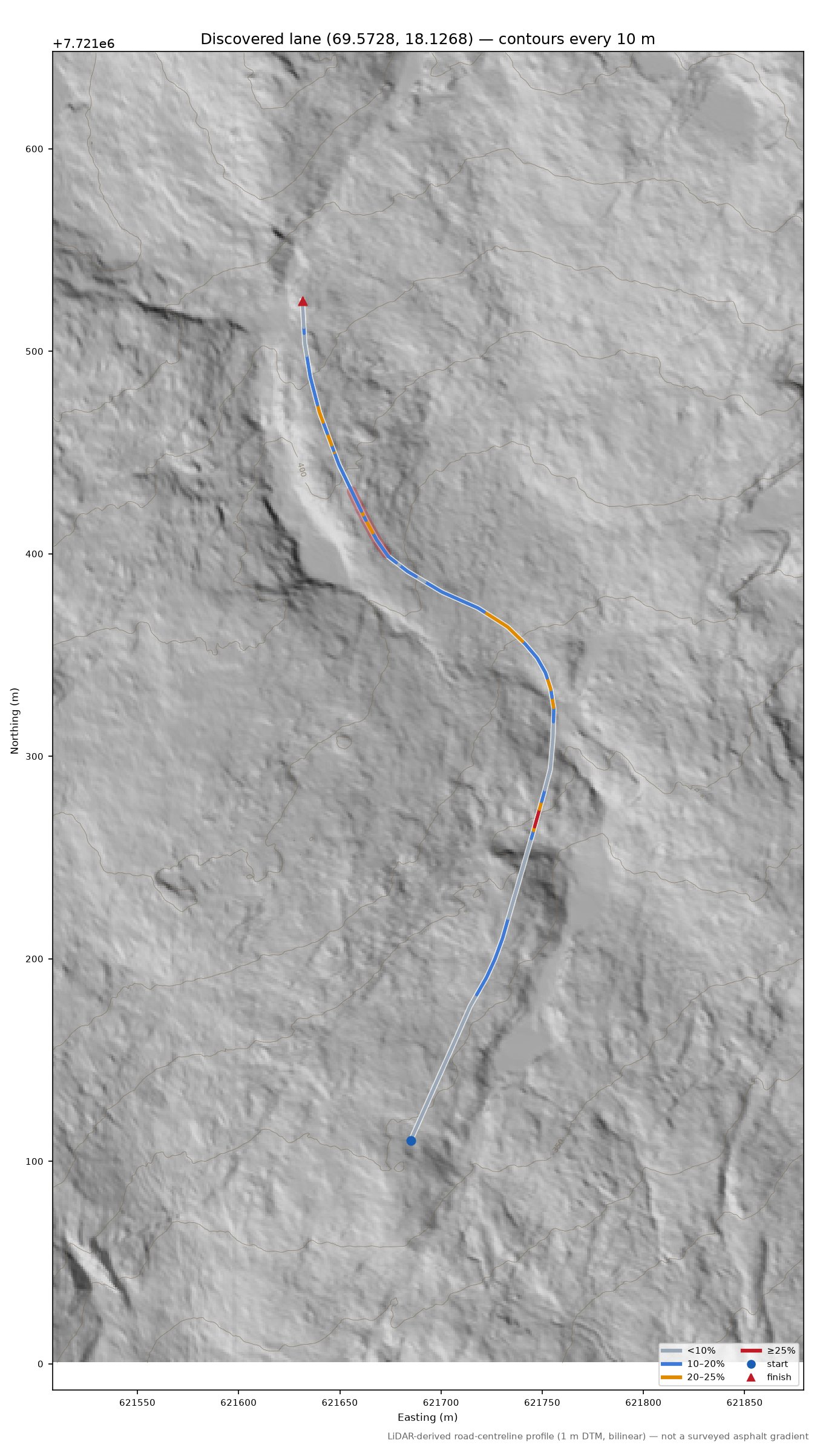 Lane near Buvik LiDAR hillshade map with contours