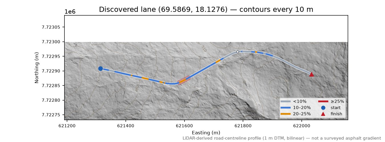 Lane near Finnby LiDAR hillshade map with contours
