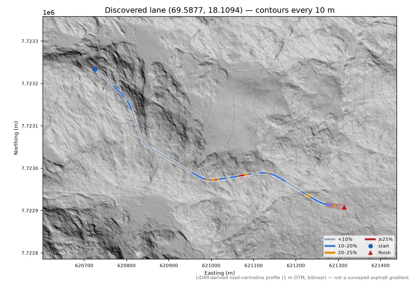 Lane near Finnby LiDAR hillshade map with contours