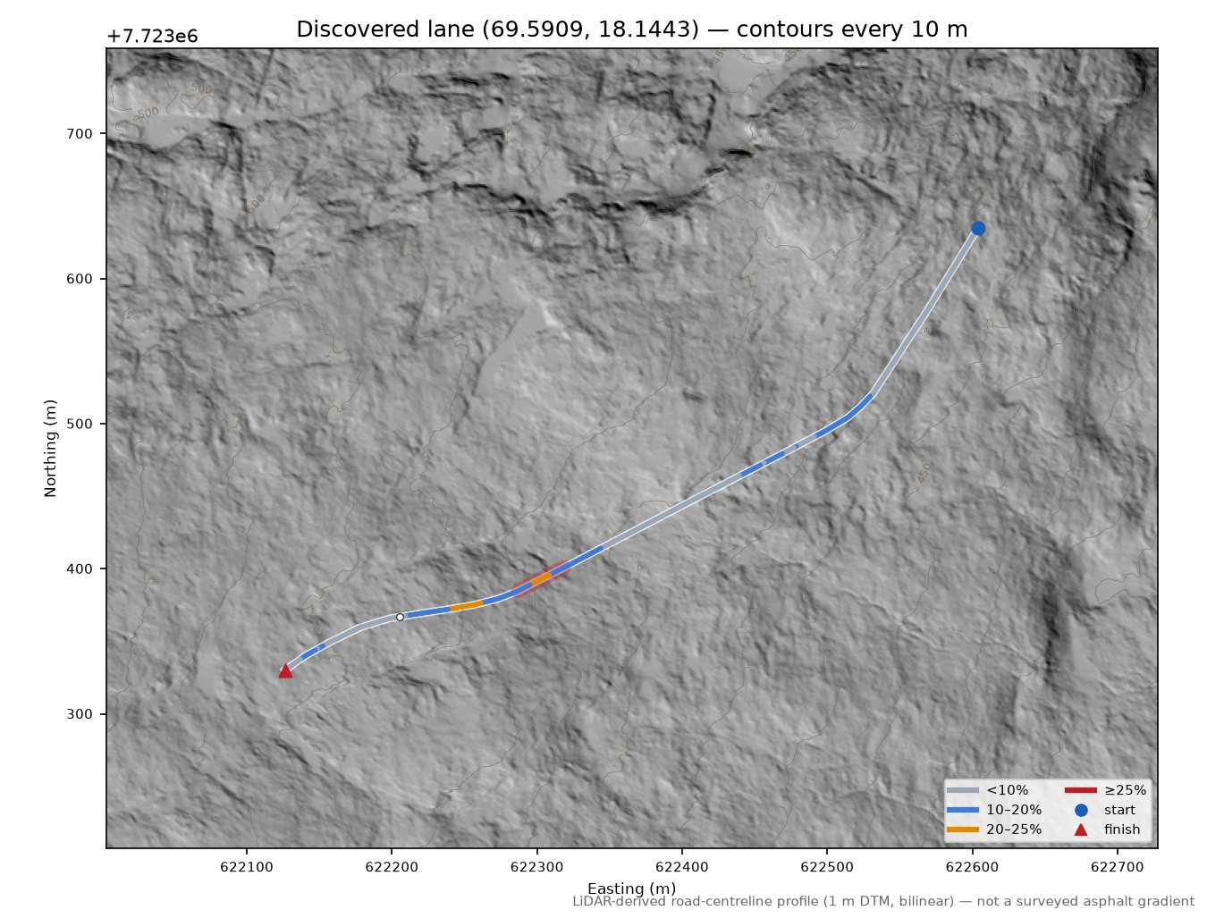 Lane near Vollan LiDAR hillshade map with contours