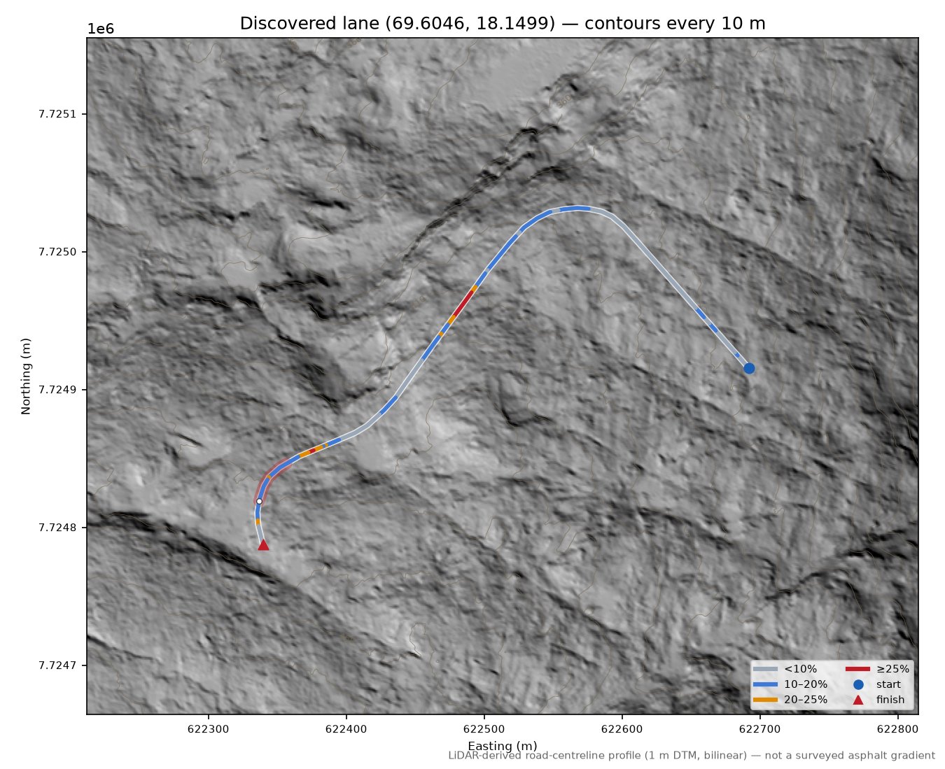 Lane near Bogen LiDAR hillshade map with contours