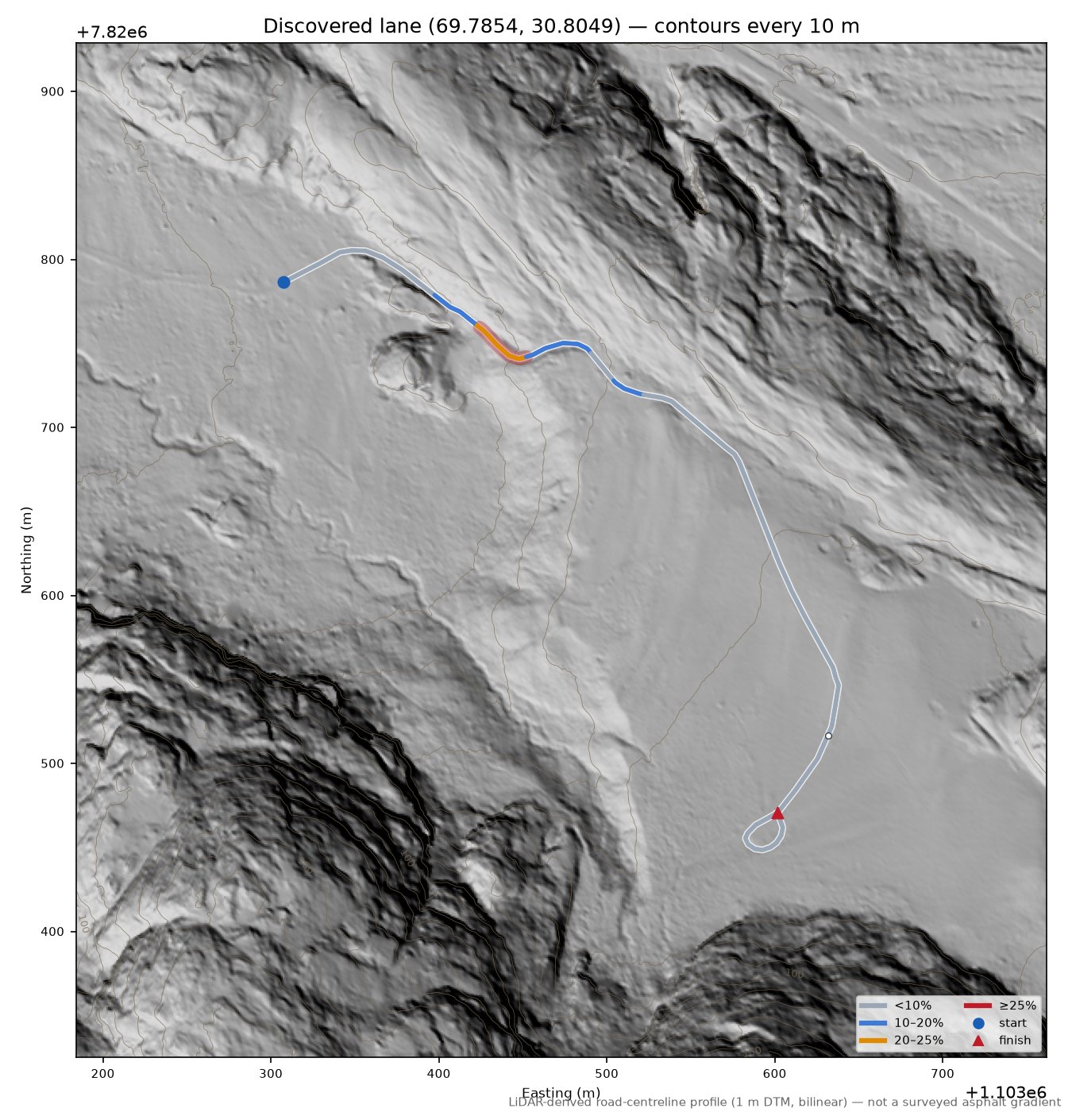Grense Jakobselv veien (Lillesand) LiDAR hillshade map with contours