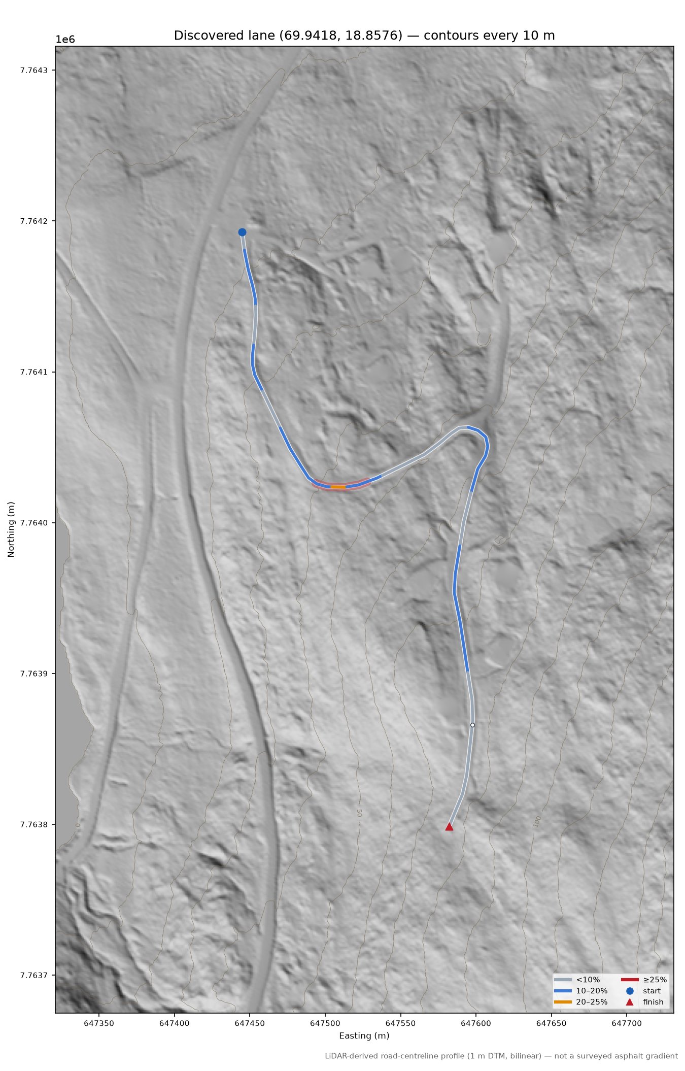 Lane near Skarsfjorden LiDAR hillshade map with contours