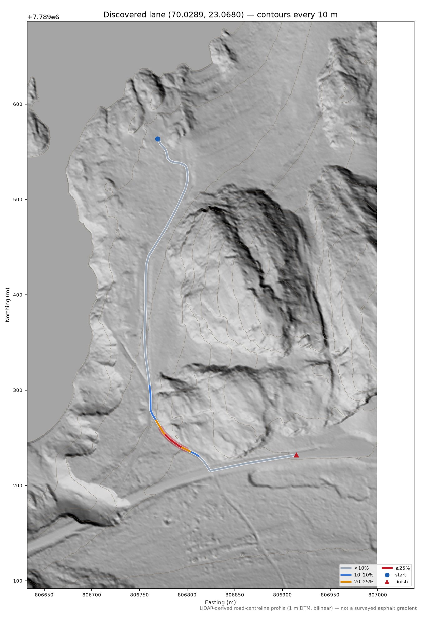 Kråknesveien (Kråknes) LiDAR hillshade map with contours