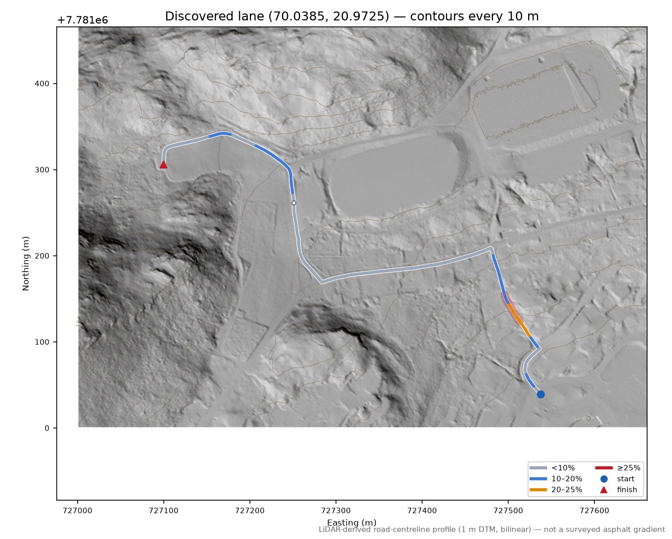 Idrettsveien (Skjervøyberget) LiDAR hillshade map with contours