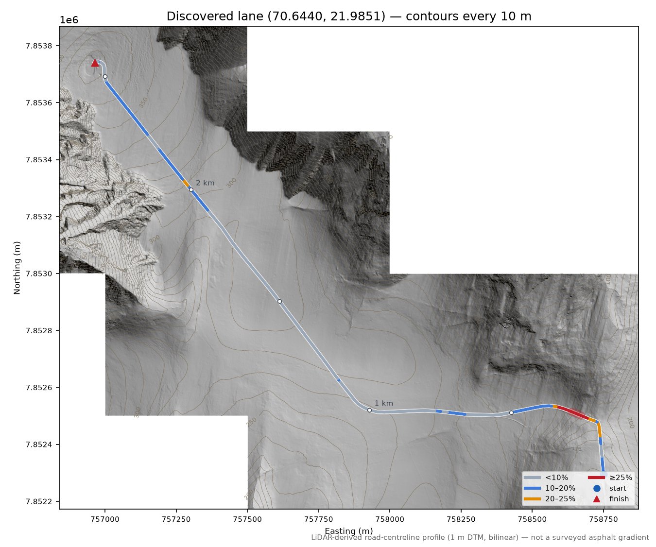 Fuglen (Sørvær) LiDAR hillshade map with contours