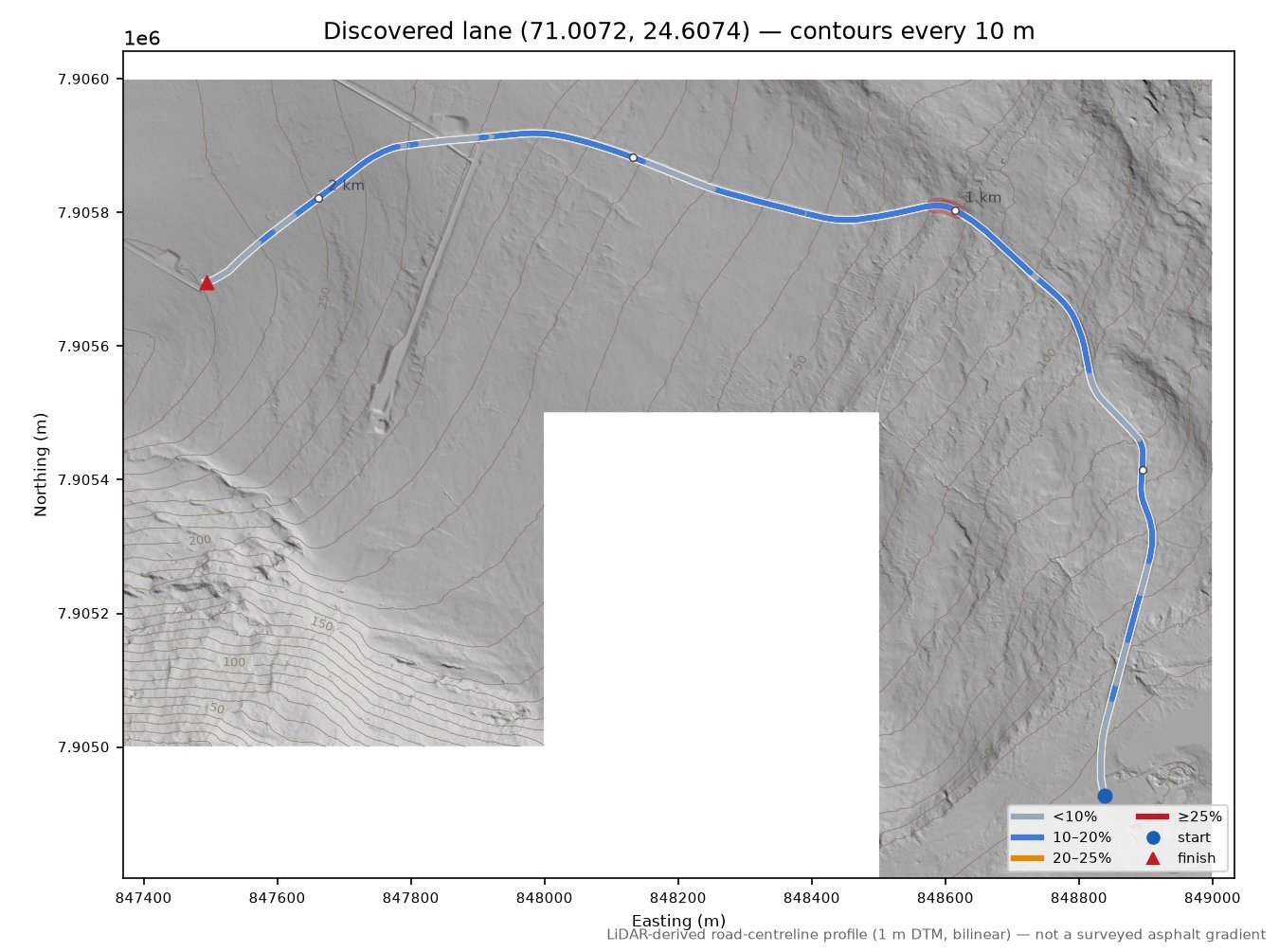 Lane near Havøysund - Ávanuorri LiDAR hillshade map with contours