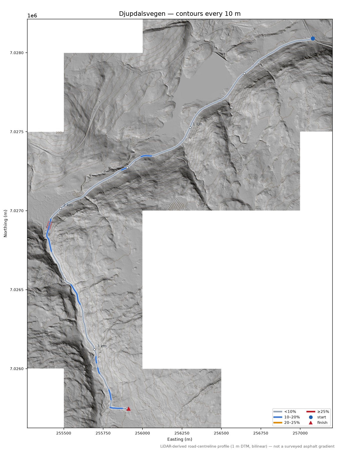 Djupdalsvegen LiDAR hillshade map with contours