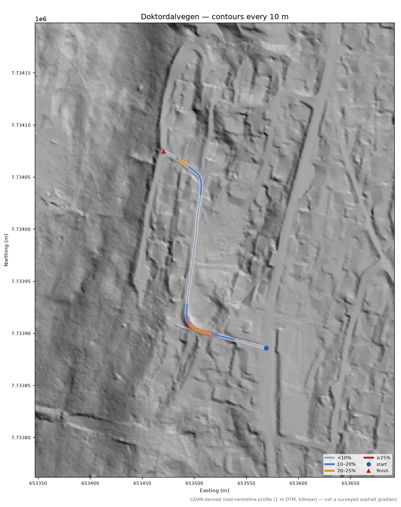 Doktordalvegen LiDAR hillshade map with contours