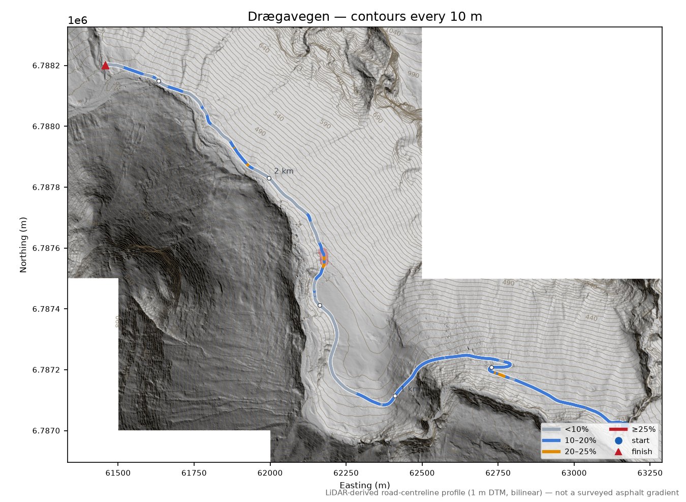 Drægavegen LiDAR hillshade map with contours