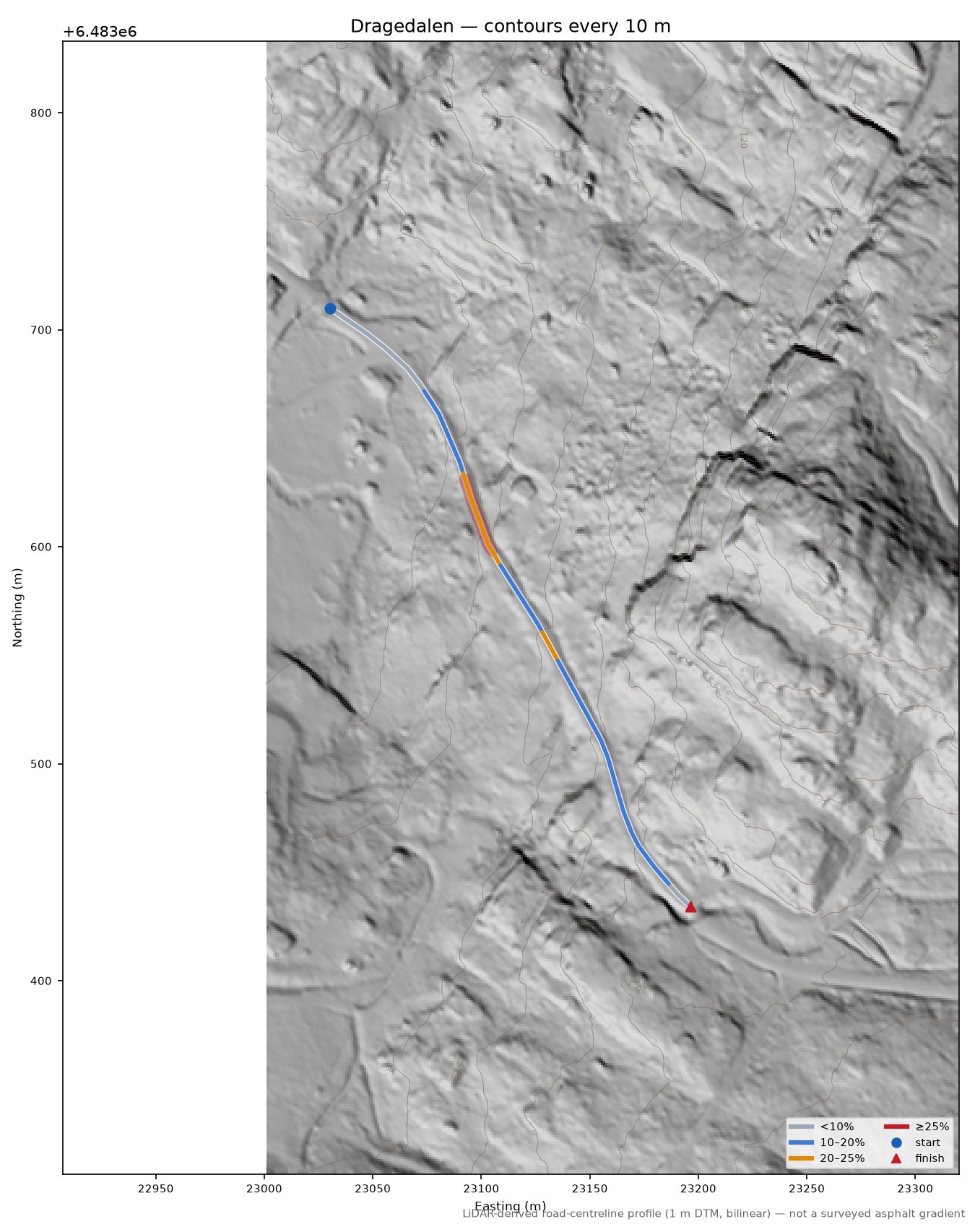 Dragedalen LiDAR hillshade map with contours