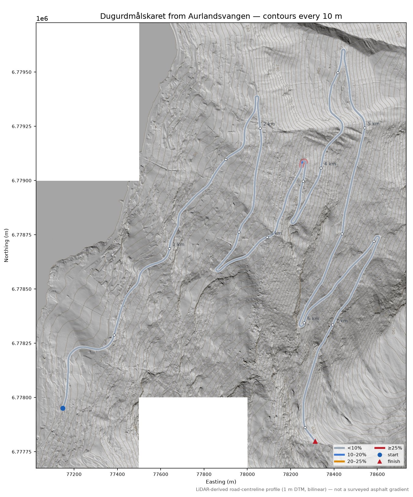 Dugurdmålskaret from Aurlandsvangen LiDAR hillshade map with contours