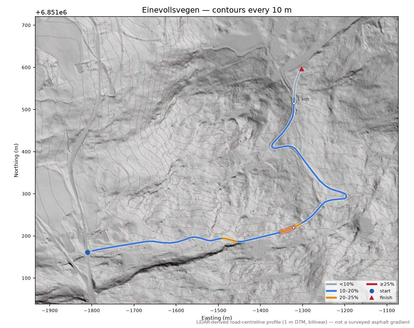 Einevollsvegen LiDAR hillshade map with contours