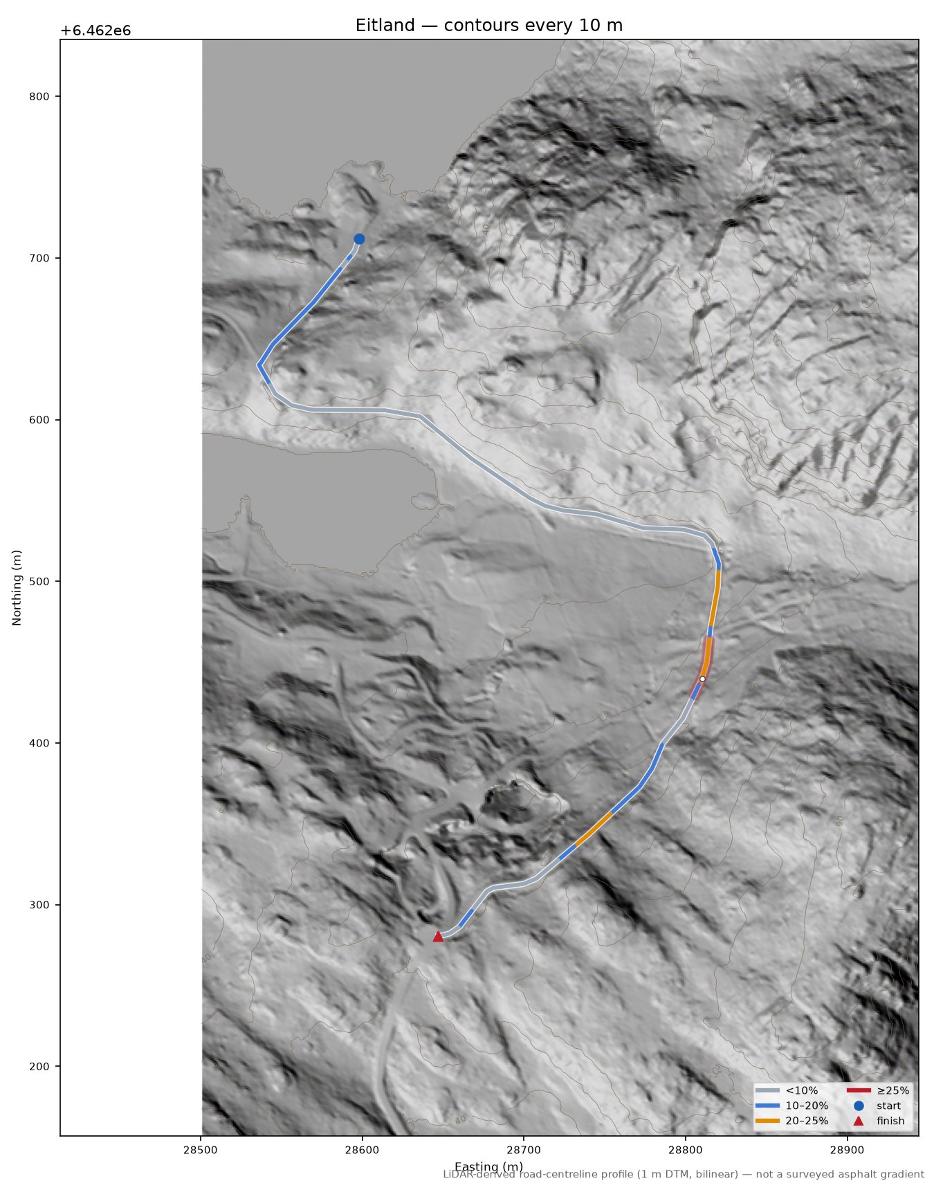 Eitland LiDAR hillshade map with contours