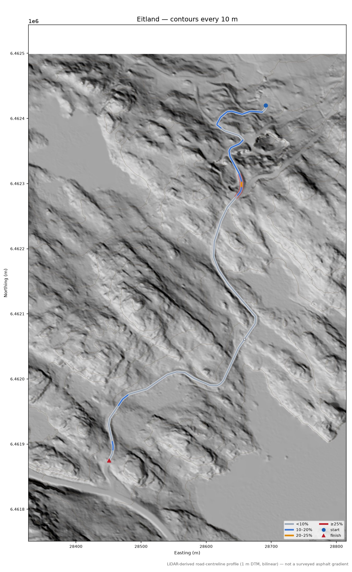 Eitland LiDAR hillshade map with contours
