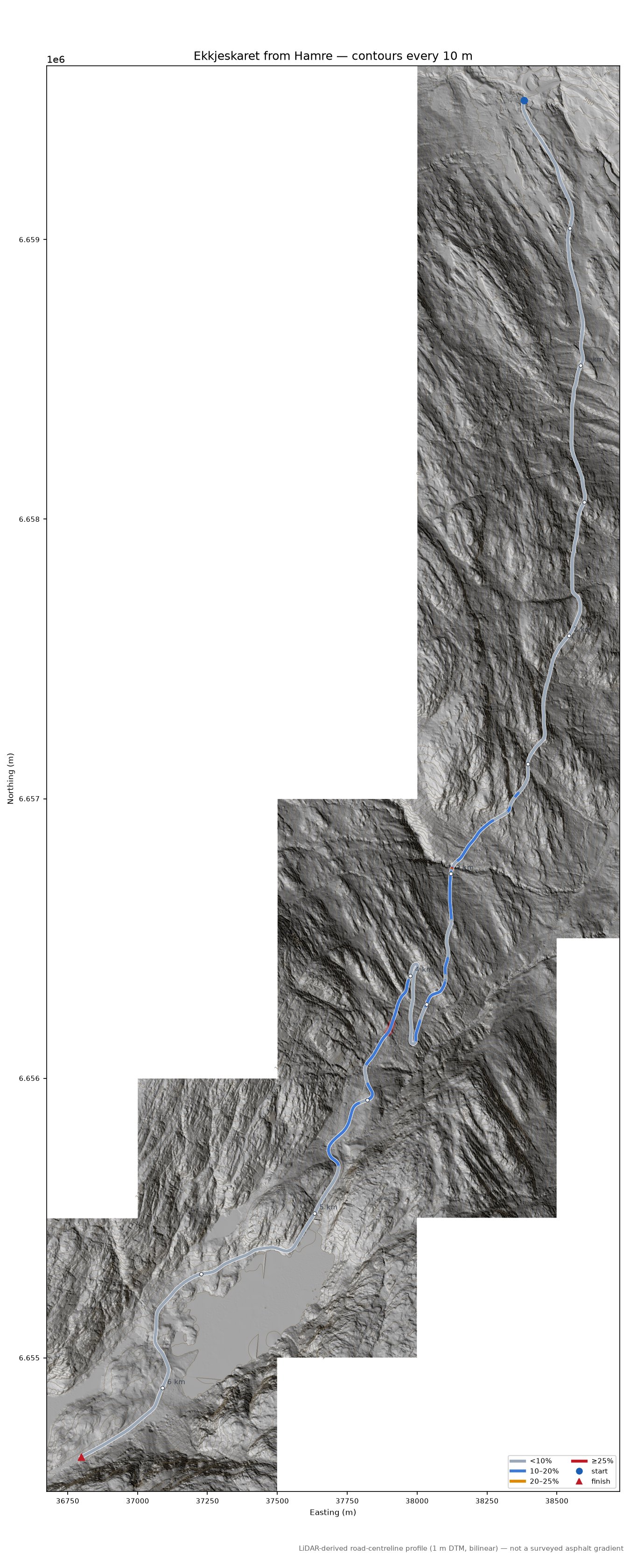 Ekkjeskaret from Hamre LiDAR hillshade map with contours